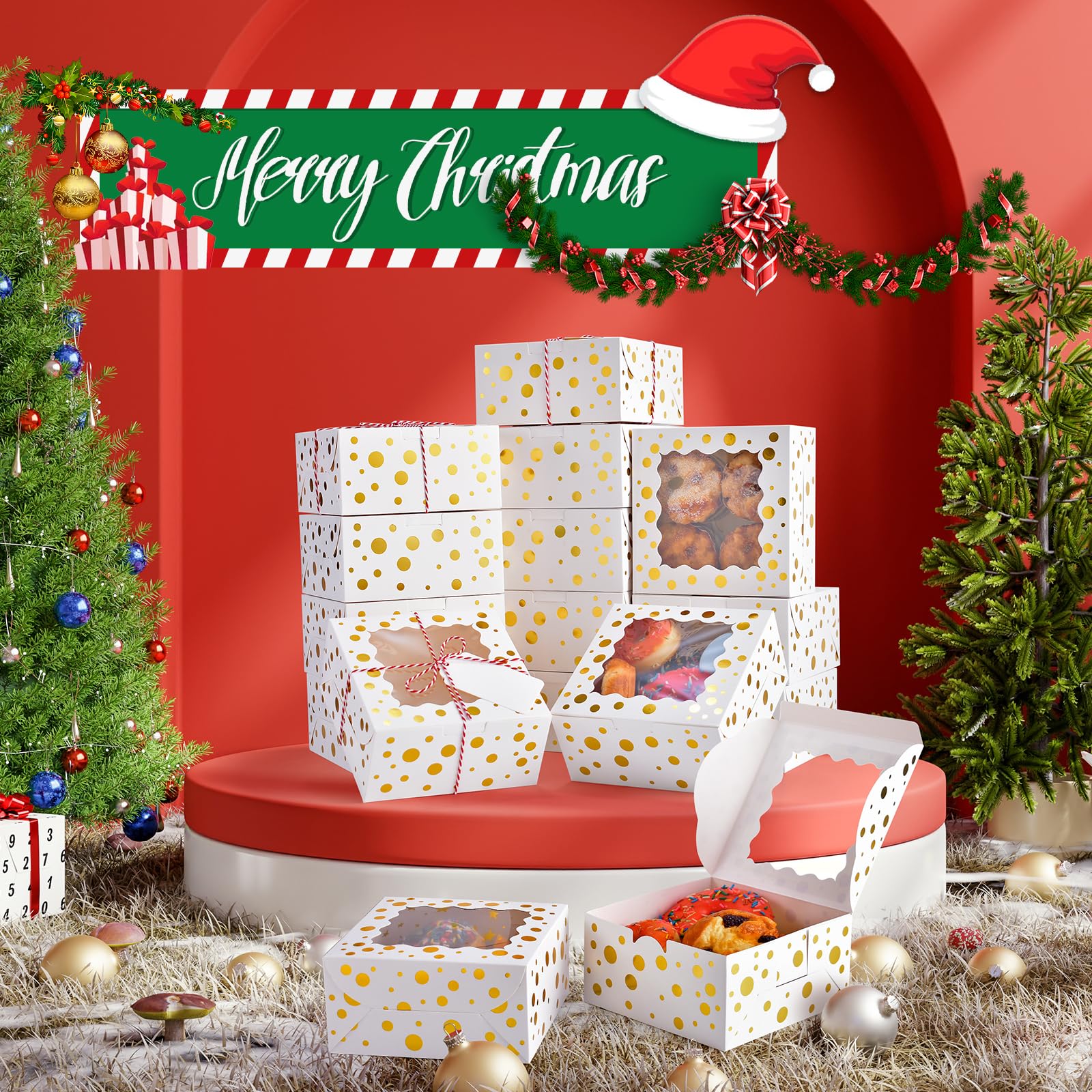 DOYIDE 32Pcs 6x6x3 in Christmas Cookie Boxes with Window, White Bakery Boxes for Cookie, Treat Boxes Pastry Boxes for Gift Givin