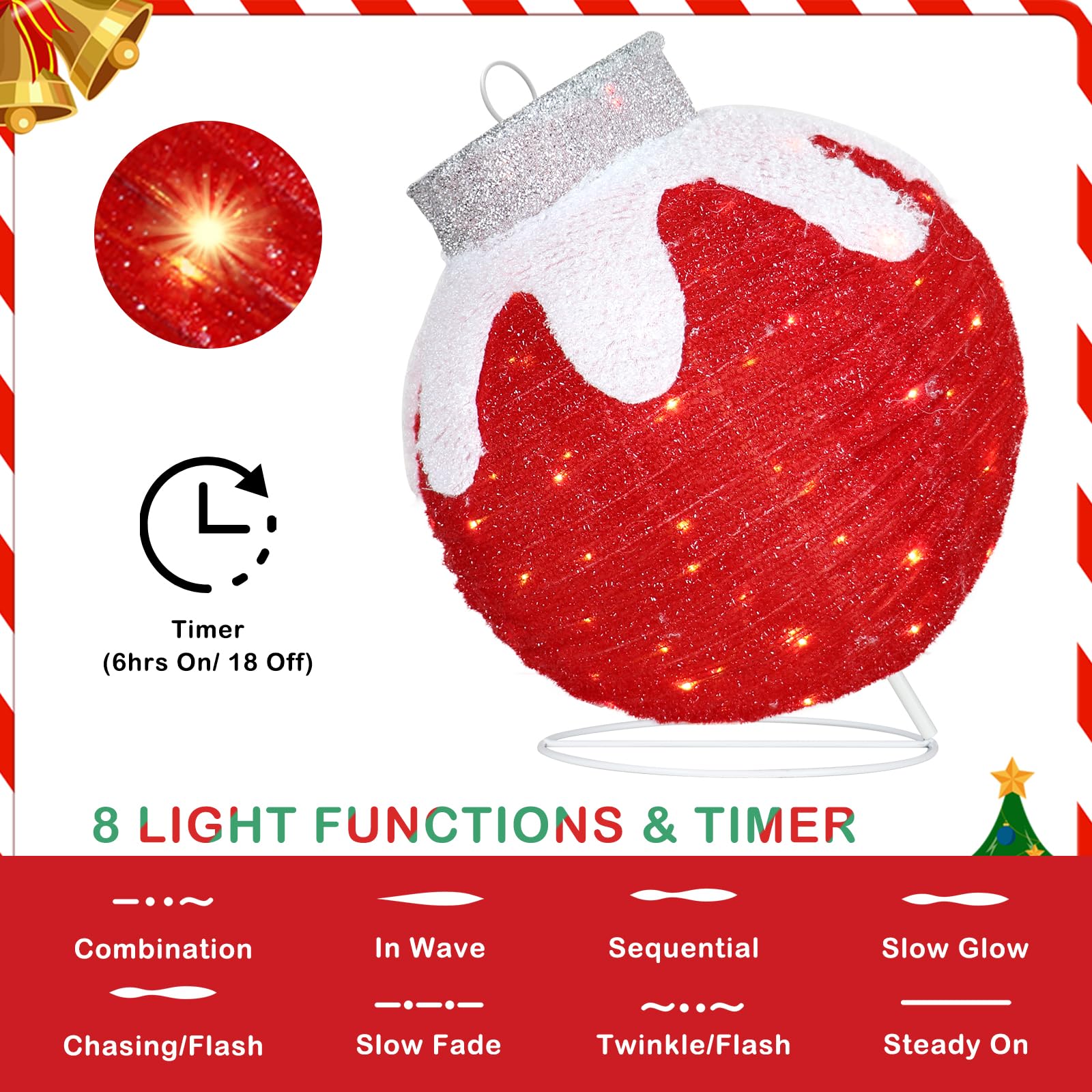 BRIGHTDECK Outdoor Christmas Ornaments, Lighted Pop-Up Outdoor Holiday Ball Decoration with 80 LED Lights, 8 Light Modes, Lighte