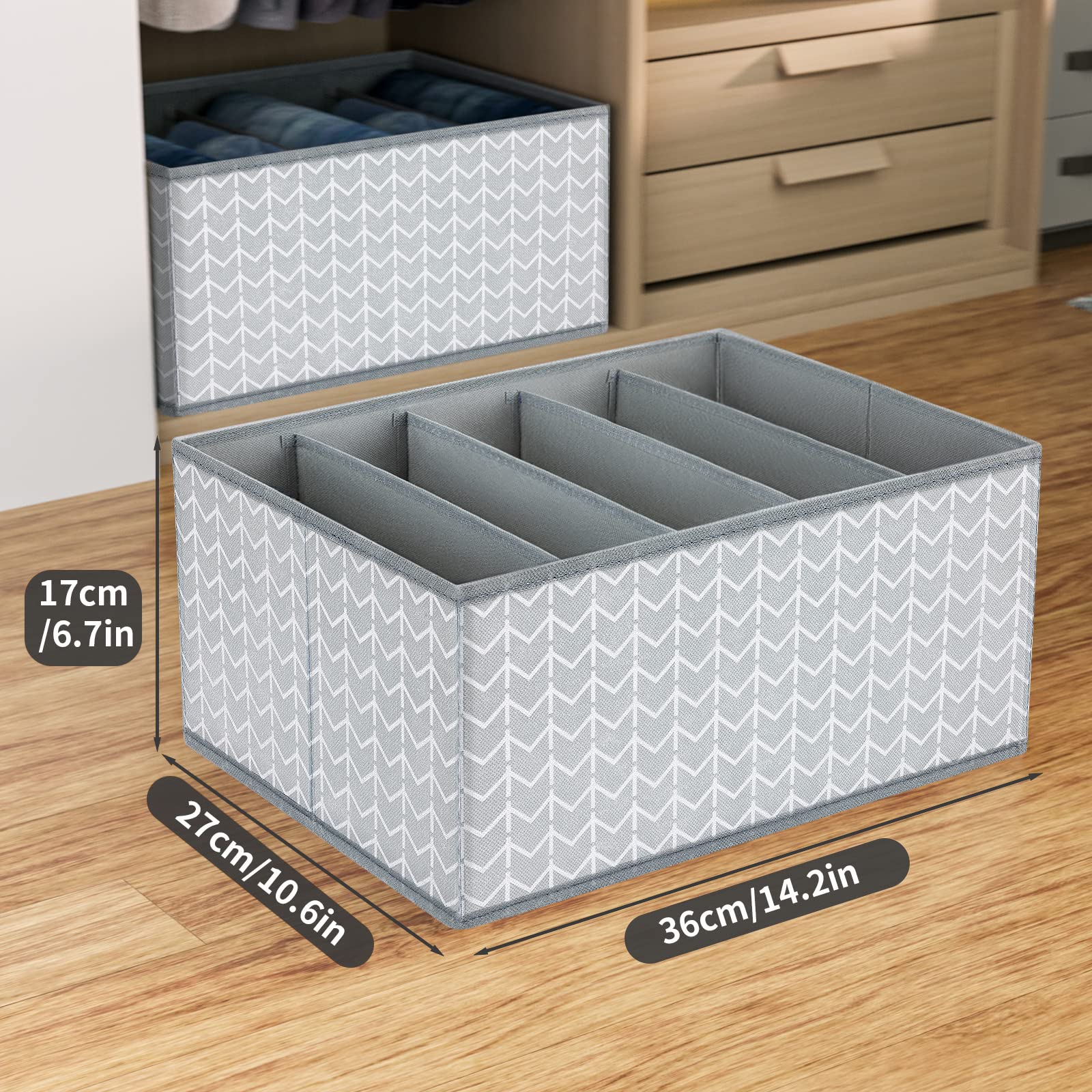 DIMJ Wardrobe Clothes Organizer, Fabric Drawer Organizers for Clothing with Cardboard, 5 Grids Drawer Dividers for Clothes, Jean