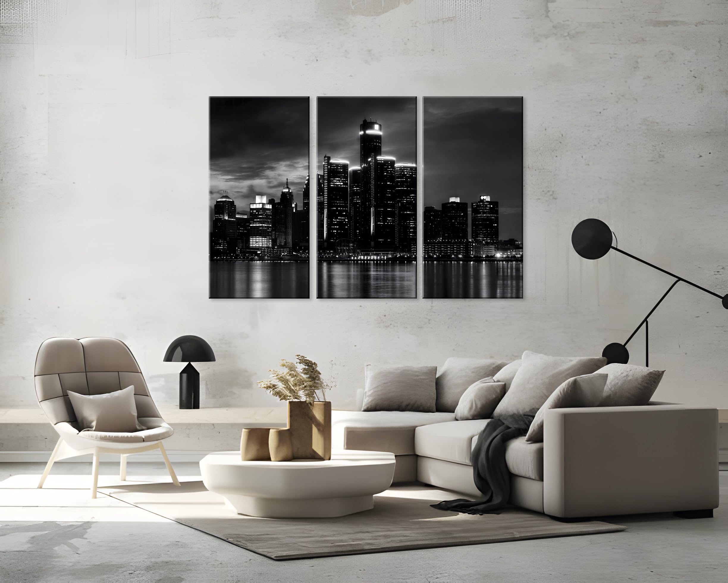 Nan Wind 3 Pcs Detroit Skyline Canvas Wall Art Cityscape Night Scene Black And White City Art Print On Canvas Modern Giclee Fram