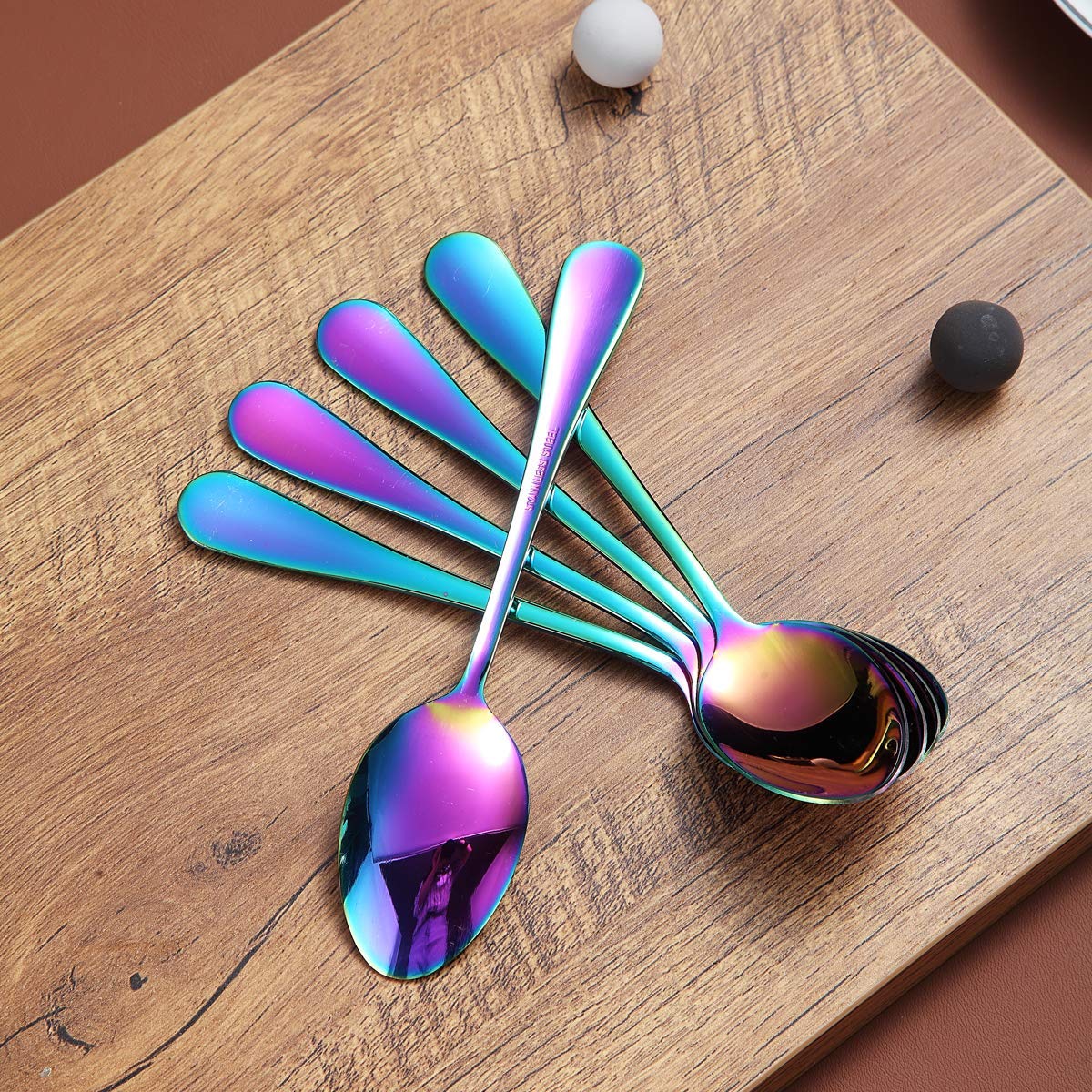 Rainbow Teaspoons 6.5'' Set Of 12, Berglander Stainless Steel Titanium Plating Shiny Mutil-Color Tea Spoons Silverware, Colorful
