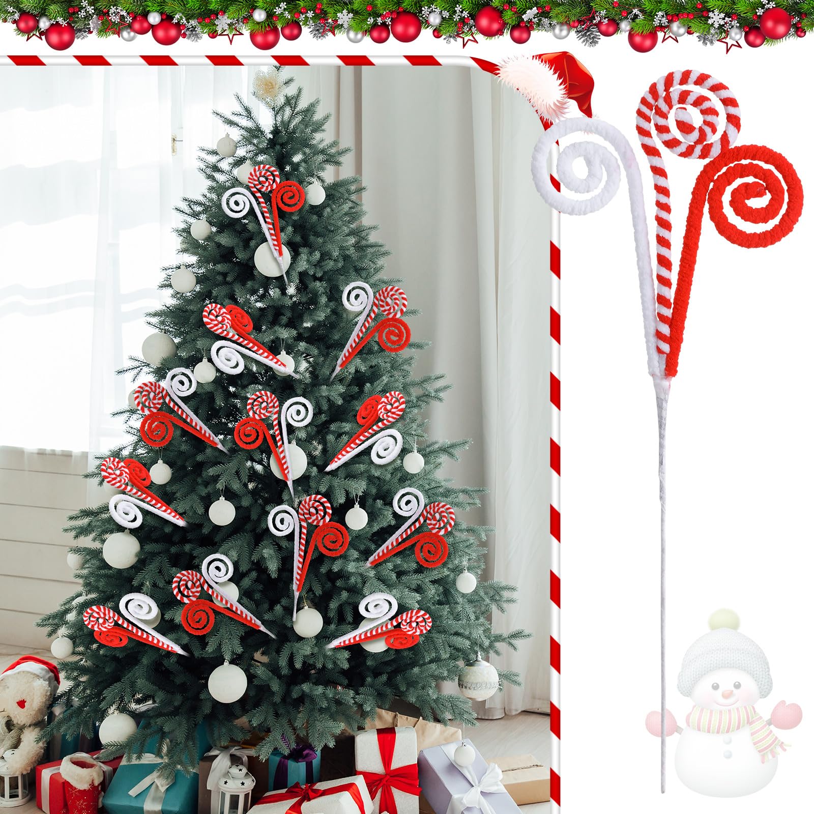 Gerrii 16 Red White Christmas Tree Pick Decor Candy Cane Xmas Ornament Peppermint Curly Pick Spray Lollipop Stem Large Tree Topp