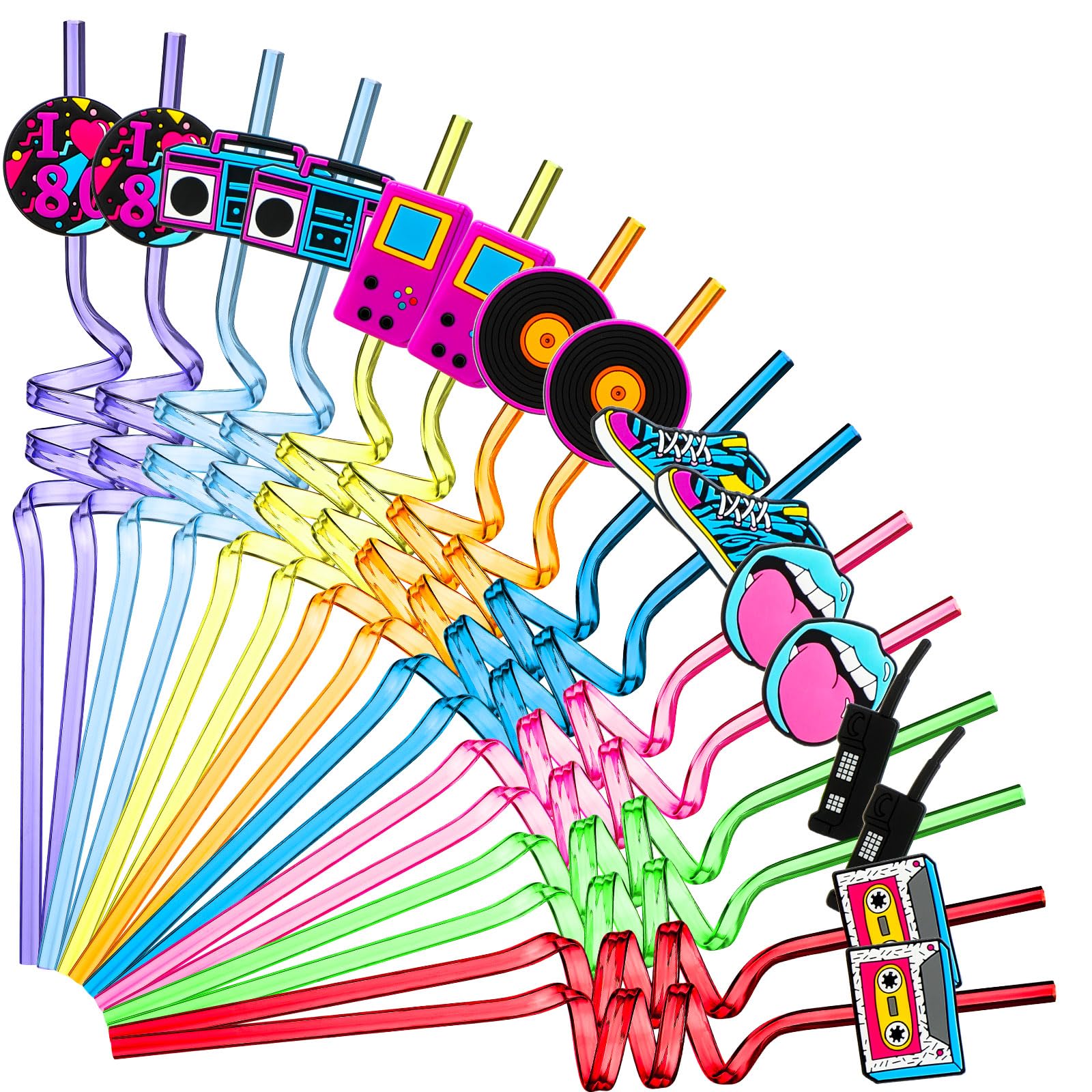 80S Party Decor Retro Straw Hip Hop Theme 80S Party Silly Drinking Straws I Love 80S Radio Boombox Mobile Phone Straw Decoration