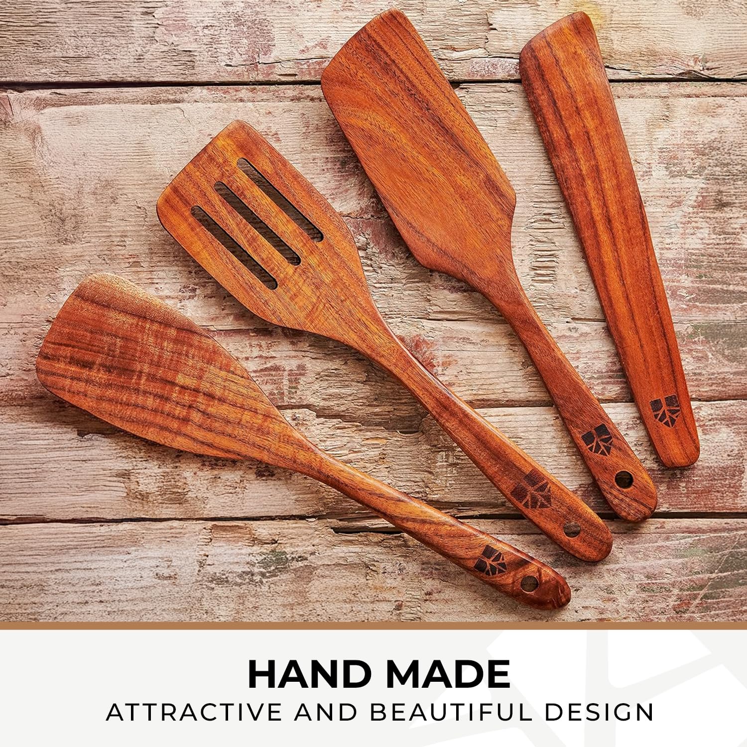 Wooden Spatula for Cooking  Kitchen Set of 4  Natural Teak Wooden Utensils including Paddle  Turner Spatula  Slotted Spatula and Wood Scraper. Nonstick cookware.
