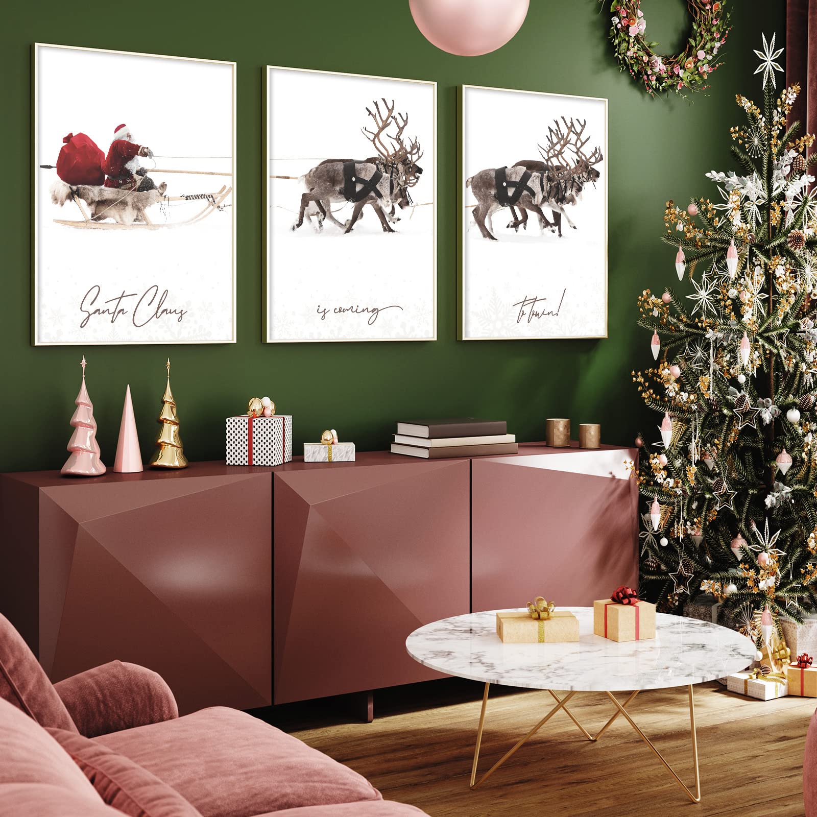 Anydesign 3Pcs Christmas Wall Art Prints 11X14In Santa Claus Reindeer With Sleigh Art Poster Decor Large Aesthetic Xmas Posters