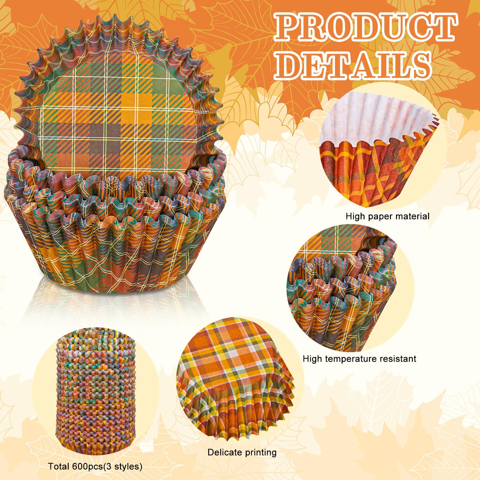 Whaline 600Pcs Fall Thanksgiving Cupcake Liners Plaid Baking Cups Autumn Muffin Baking Liners For Birthday Party Fall Themed Par