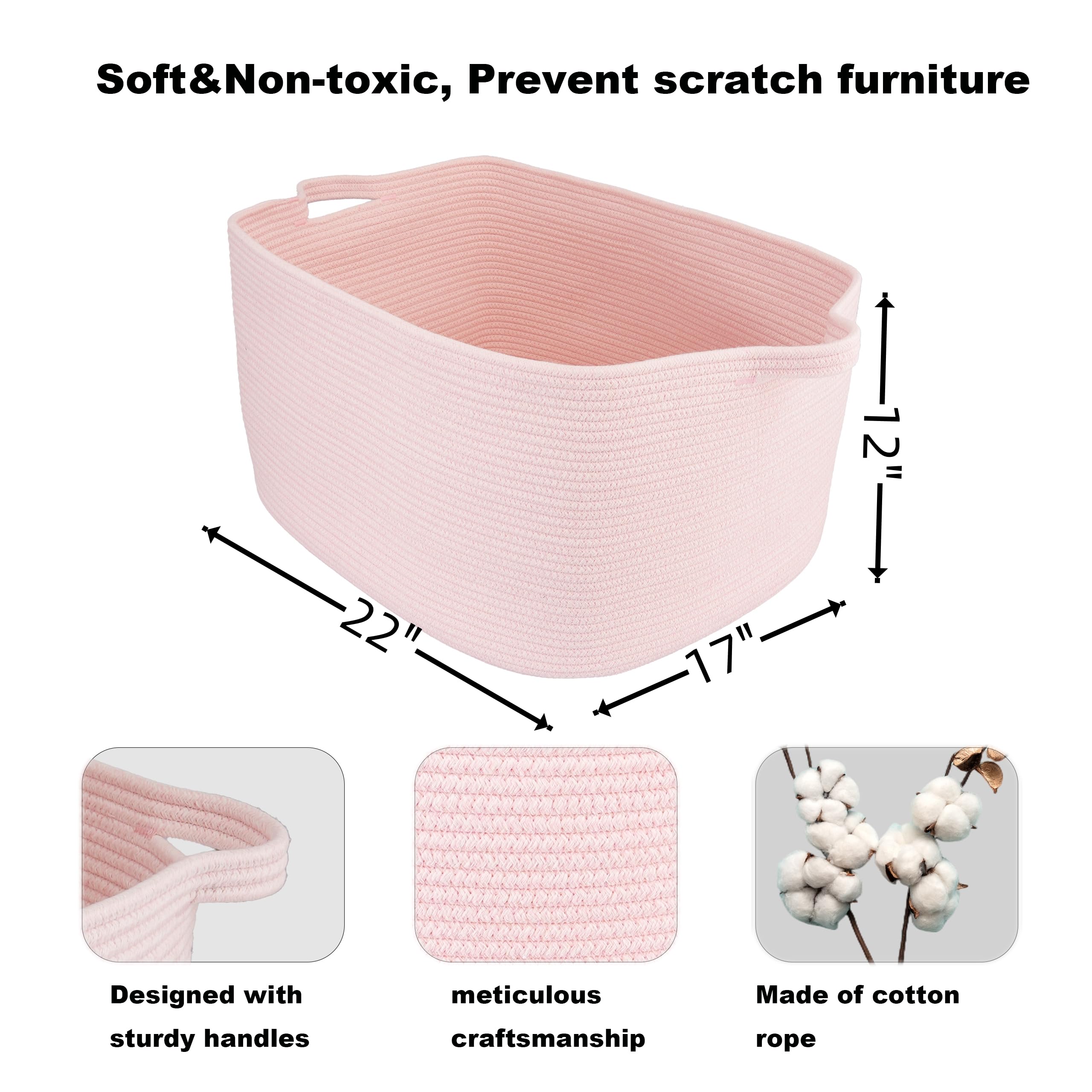 Xuanguo Large Rectangle Blankets Basket- 22''X17''X12'' Toy Basket For Kids - Woven Cotton Rope Storage Basket For Nursery - Wic
