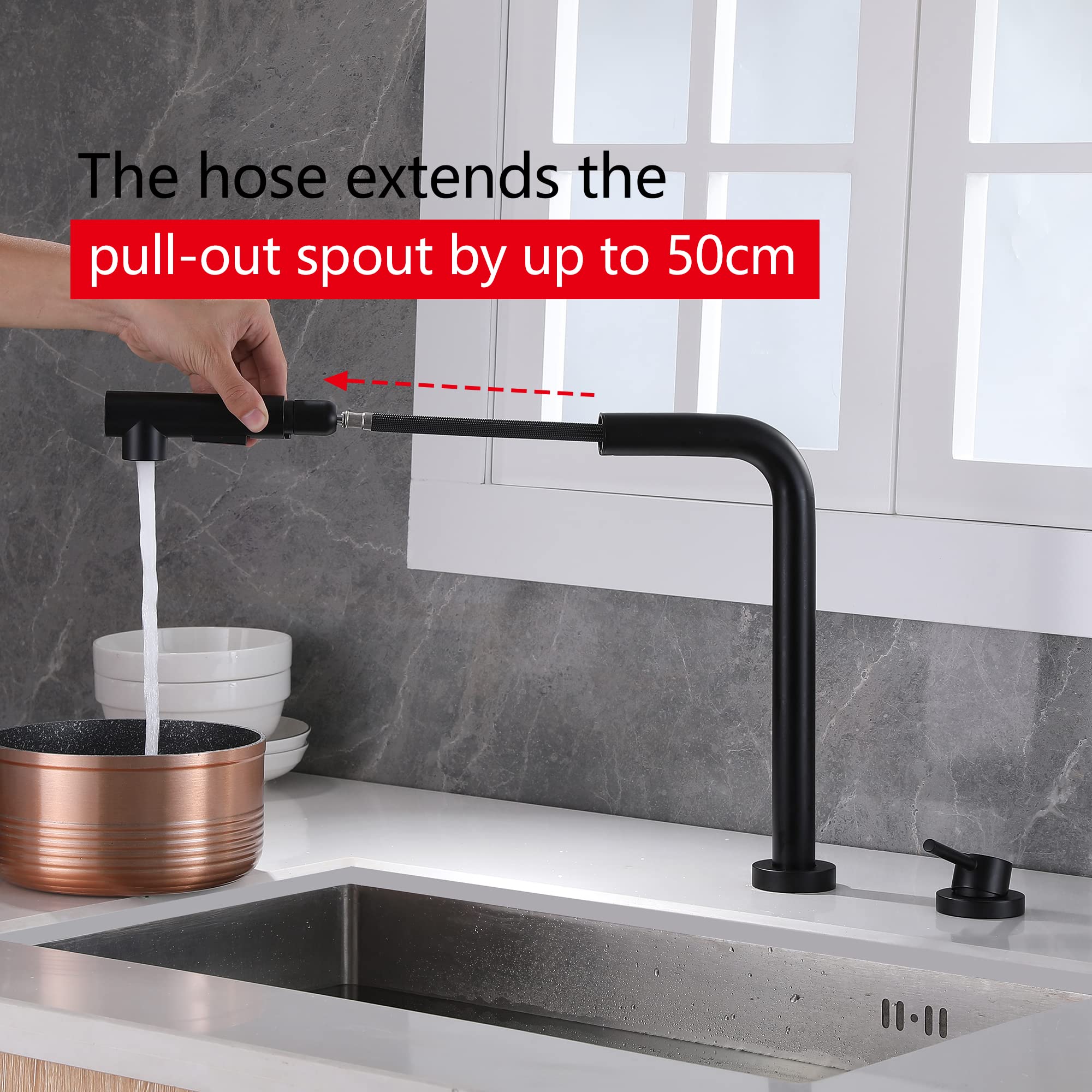 SUMERAIN 2 Hole Kitchen Sink Faucet with Pull Out Sprayer  Black Kitchen Faucet with Side Single Handle  Front Window
