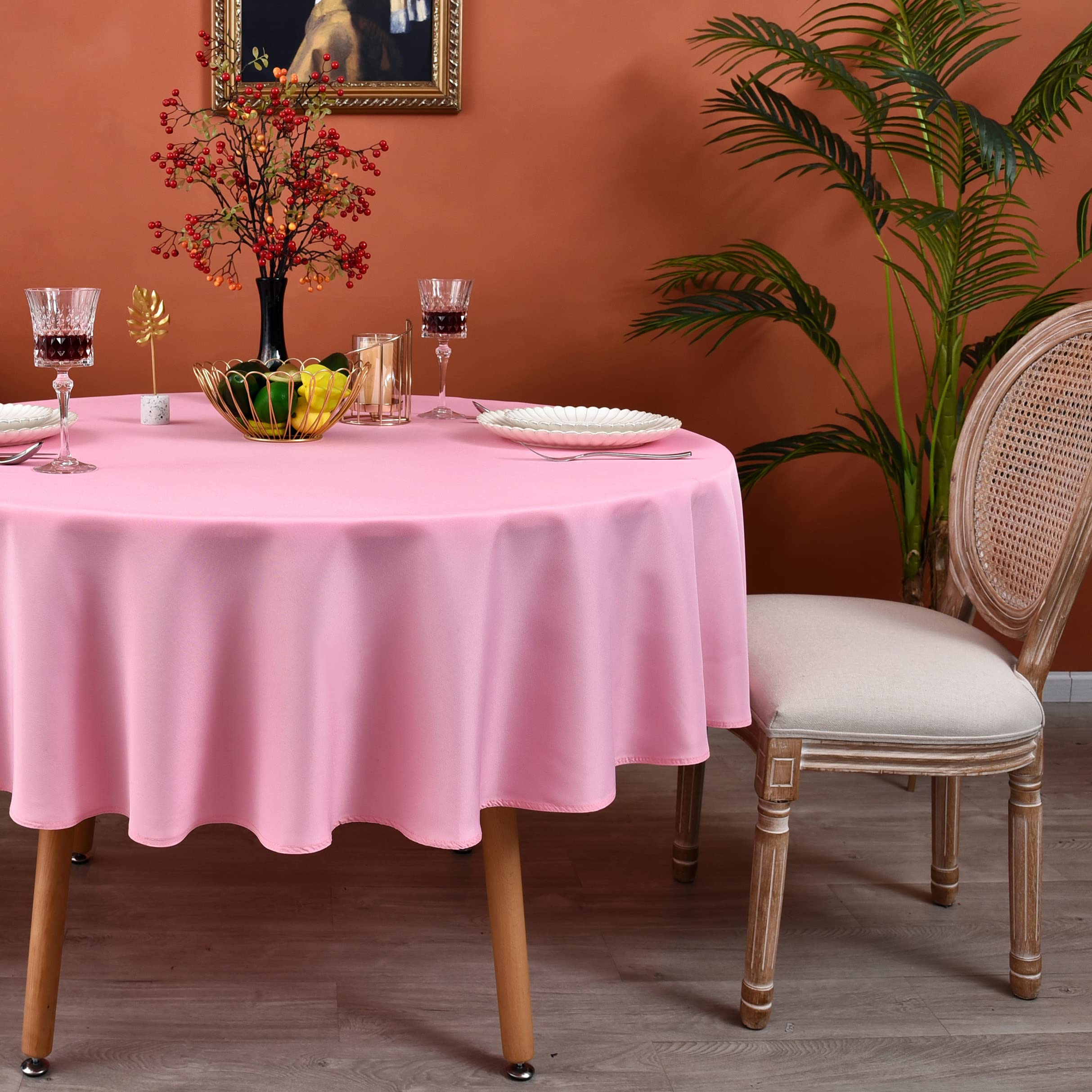 Meanmoy Pink 210 Gsm Water & Stain Resistant Round Tablecloth For Circle Table - Solid 70 Inch Table Cloth Cover In Wrinkle Free