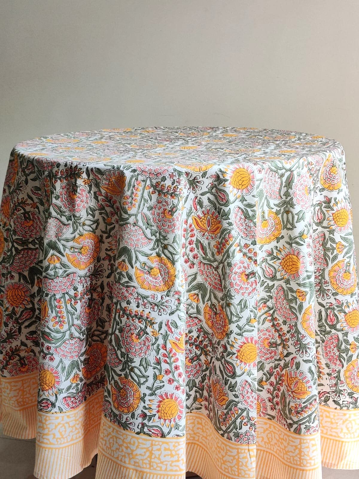 Atosii Clover Yellow 100% Cotton Round Tablecloth, Handblock Print Floral Table Cloth For Kitchen Dining Linen I Parties, Weddin