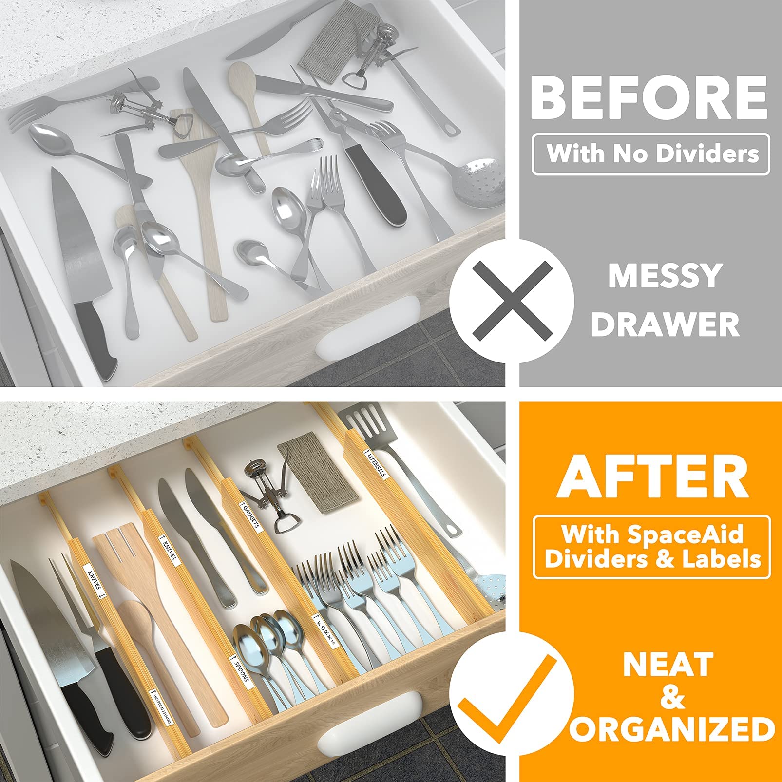 SpaceAid Bamboo Drawer Dividers with Labels, Kitchen Adjustable Drawer Organizers, Expandable Organization for Home, Office, Dre
