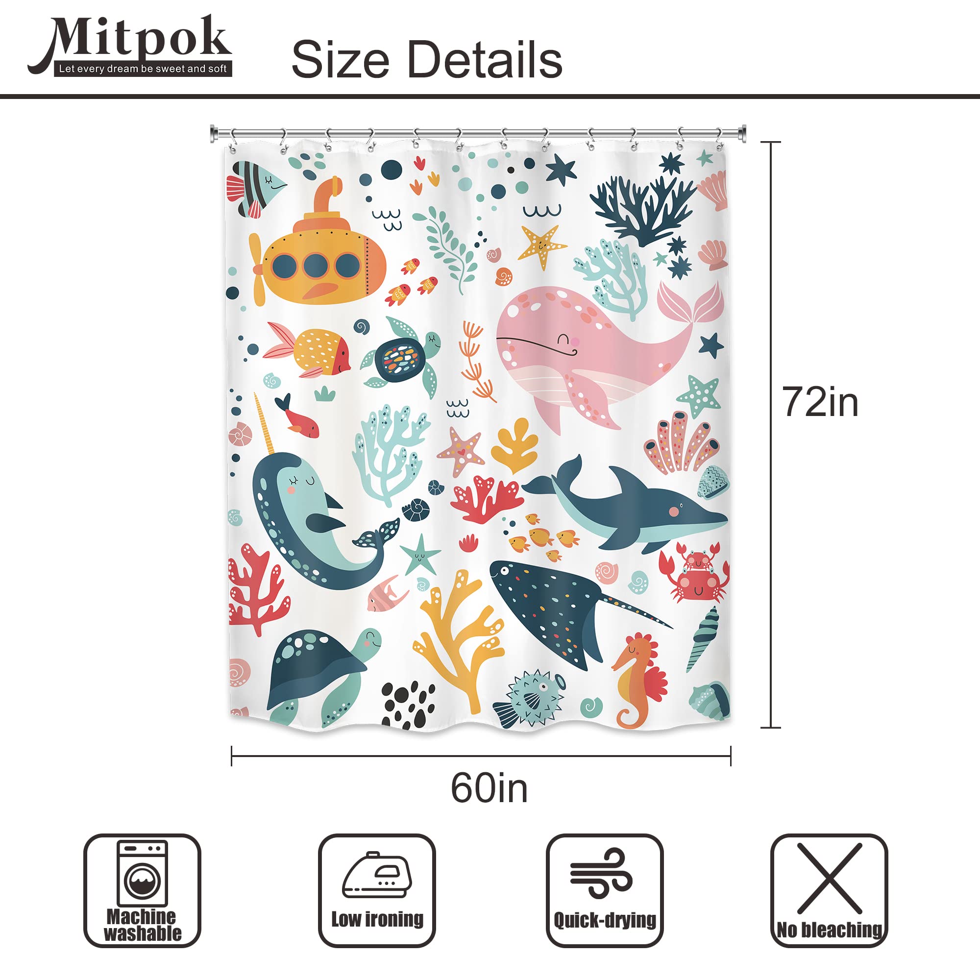 Mitpok Kids Shower Curtain Ocean Cute Cartoon Whale Funny Kid Bathroom Decor For Nursery Baby Boys Girls Underwater Coastal Subm