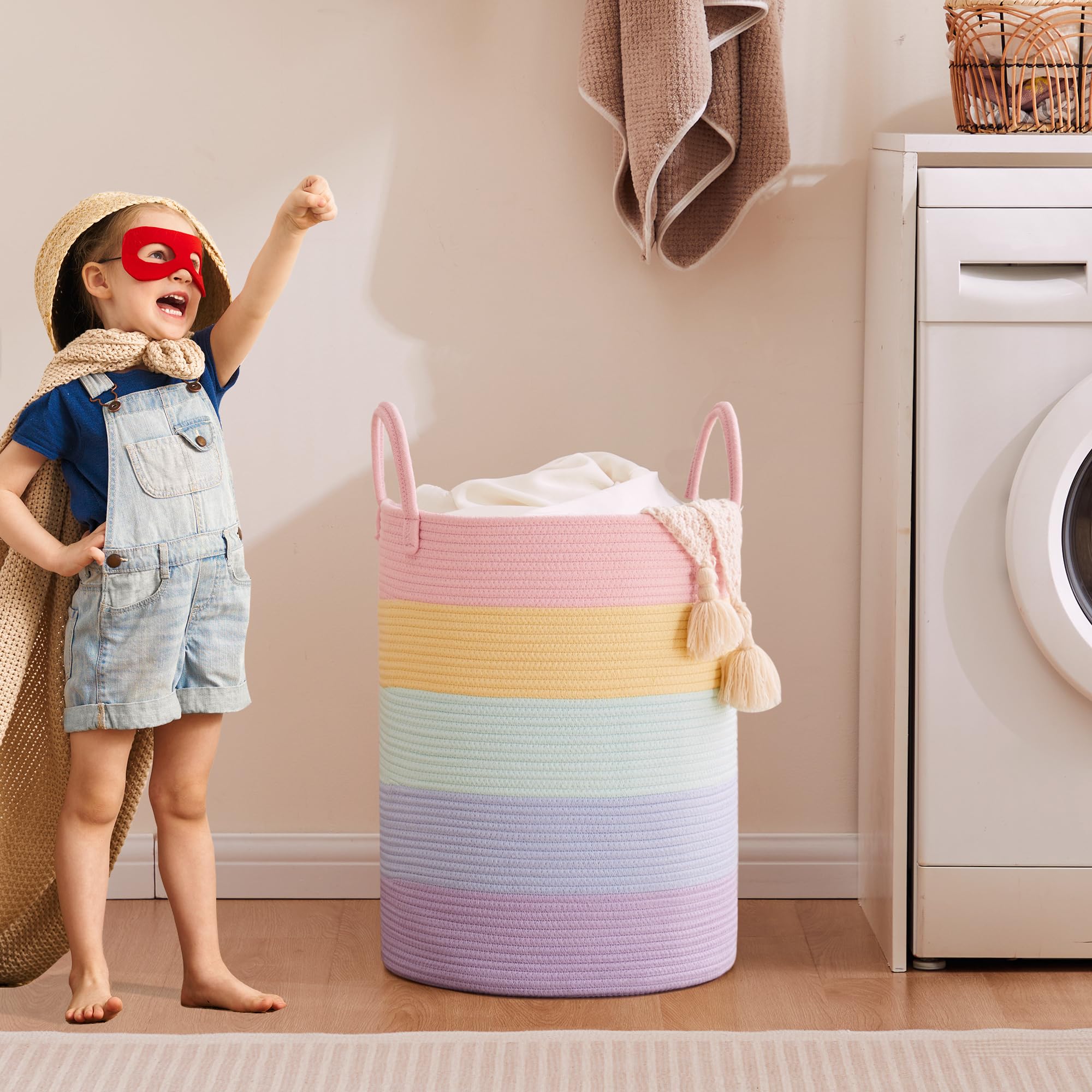 Mojoscend Rainbow Laundry Basket Hamper, 15Dx20H Inches Large Rainbow Hamper For Nursery Girl, Tall Blanket Basket For Living Ro