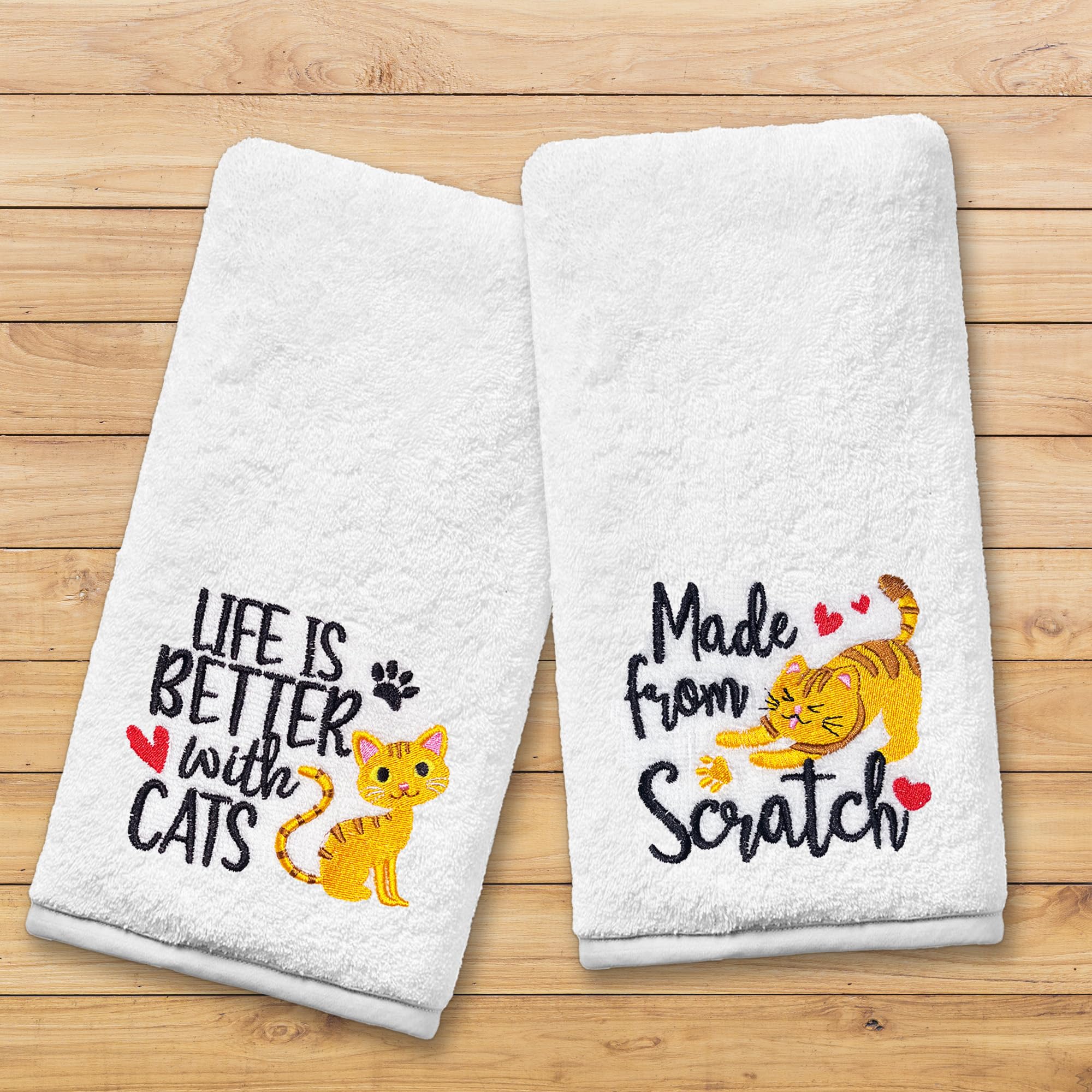 FUTBU Cat Hand Towels for Bathroom - Set of 2, Embroidered Cat Lover Gifts, Soft Cotton 14x30 Inches