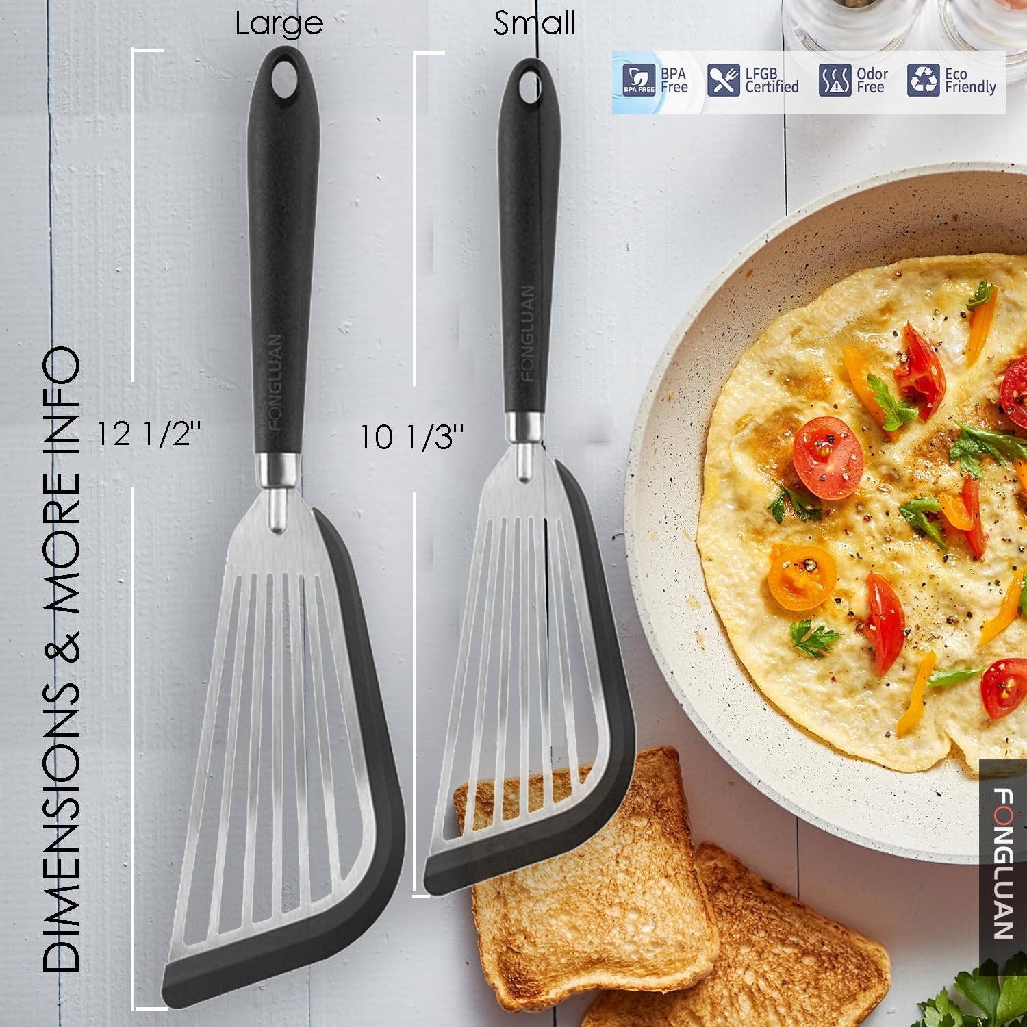 Fongluan Stainless-Steel Slotted Flex Fish Turner, Set Of 2, Kitchen Spatulas For Nonstick Cookware, Cooking Utensils For Flippi