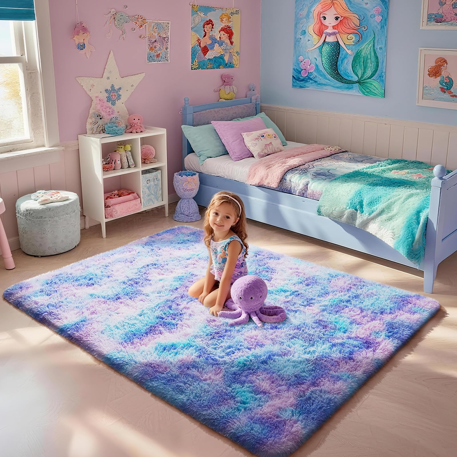 Ophanie Rainbow Purple Rug for Bedroom Girls, Kids Fluffy Kawaii Fuzzy Furry Shag Area Rug, Cute Plush Soft Shaggy Bedside Indoo