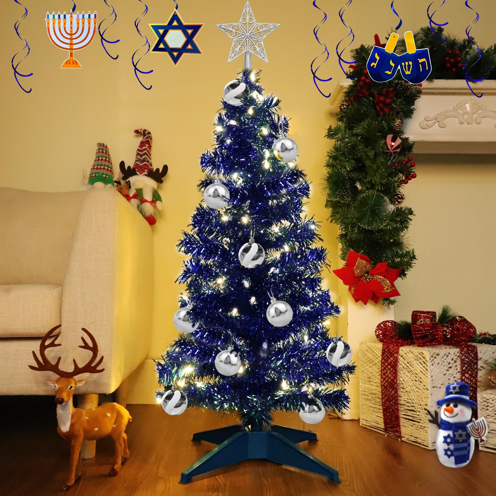 TURNMEON 3 Ft Christmas Hanukkah Tree with Lights Timer 15 DIY Ball Ornament Star Blue Small Tinsel Tree Battery Operated Christ