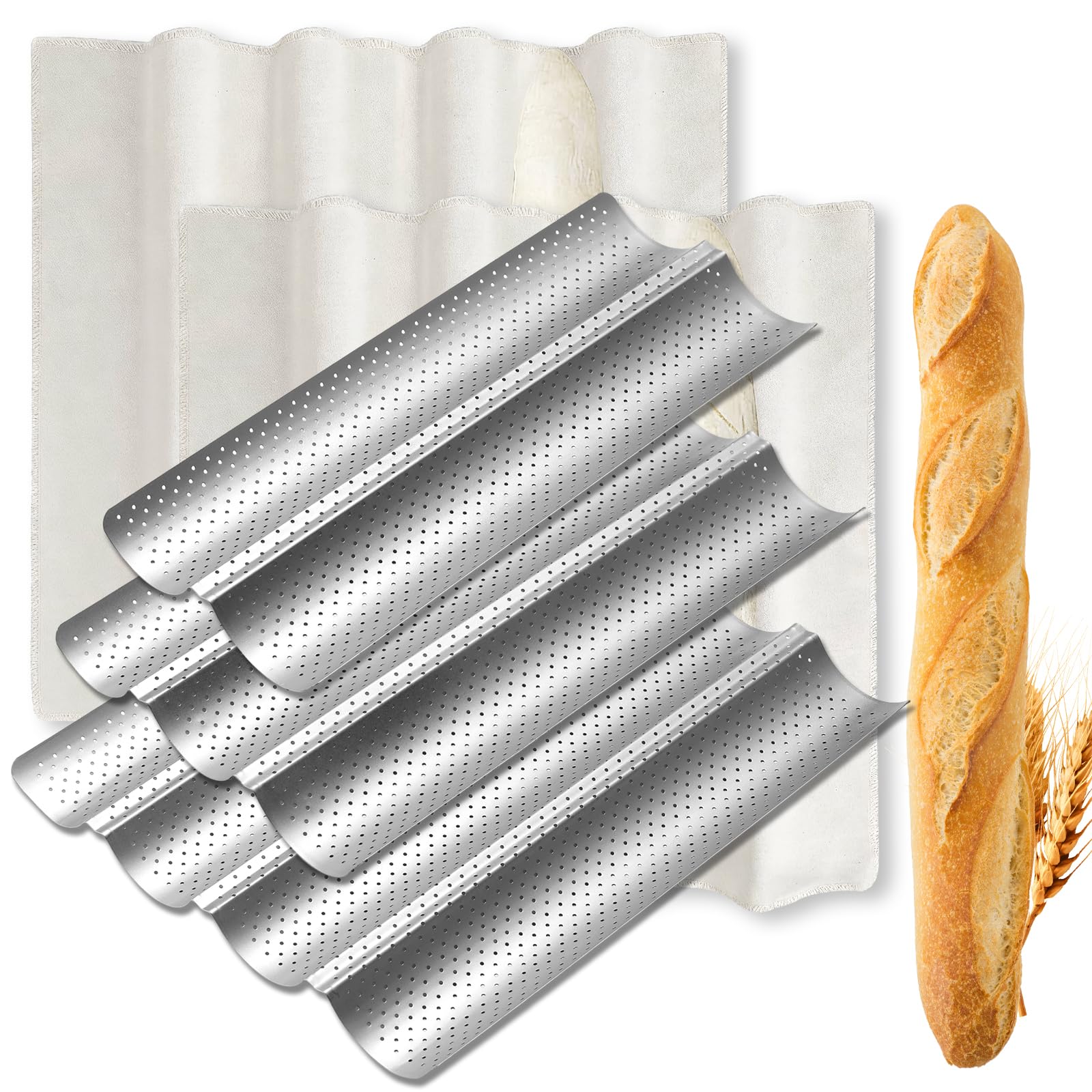 Sliner 5 Pack Baguette Bread Pan, 15 Inch Nonstick Perforated French Bread Baking for 2, 3 or 4 Loaves, Baguette Baking Pan for 