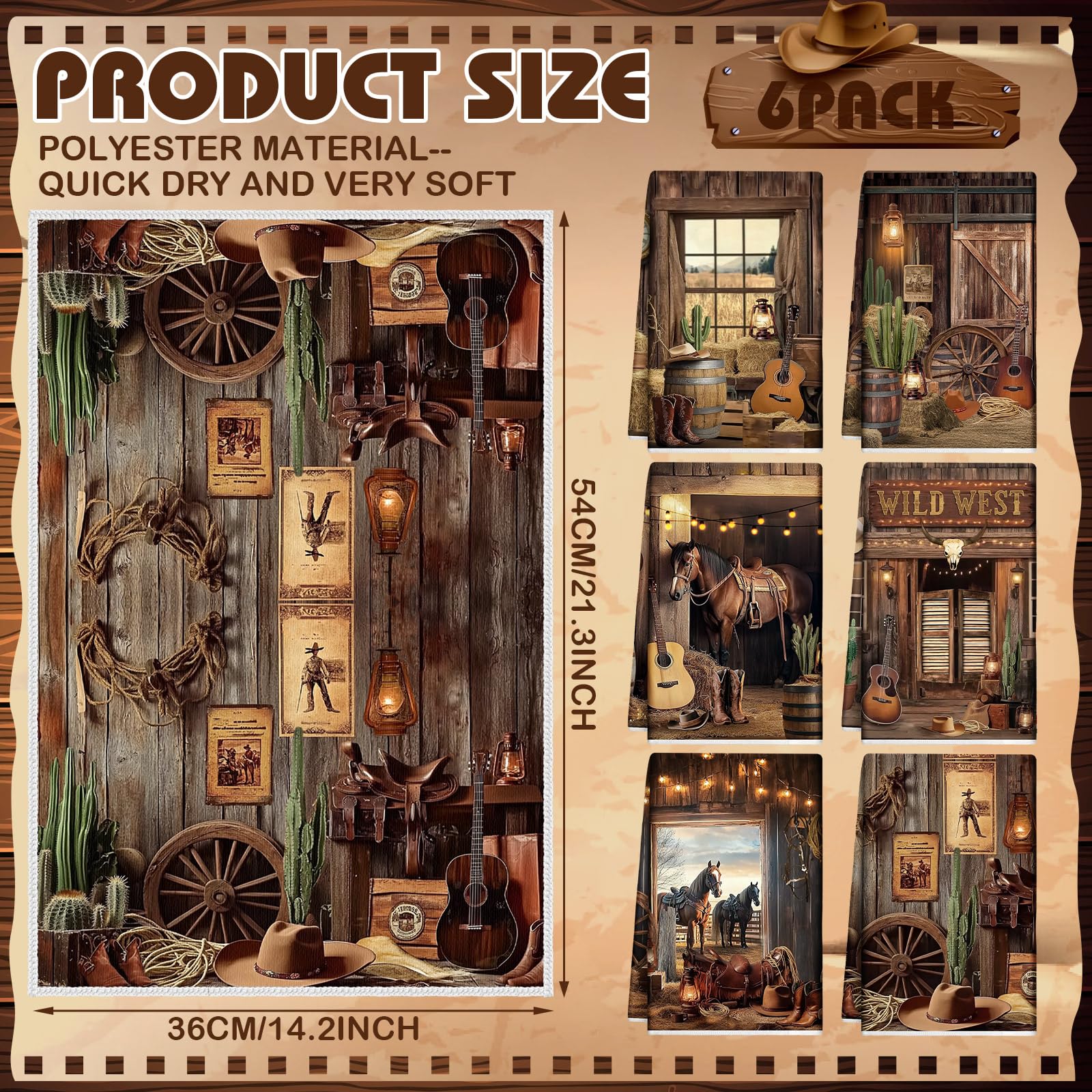 6 Pcs Western Cowboy Scene Kitchen Towel Wooden House Barn Vintage Themed Dish Towel Bathroom Decorative Rustic Cloths for Kitch