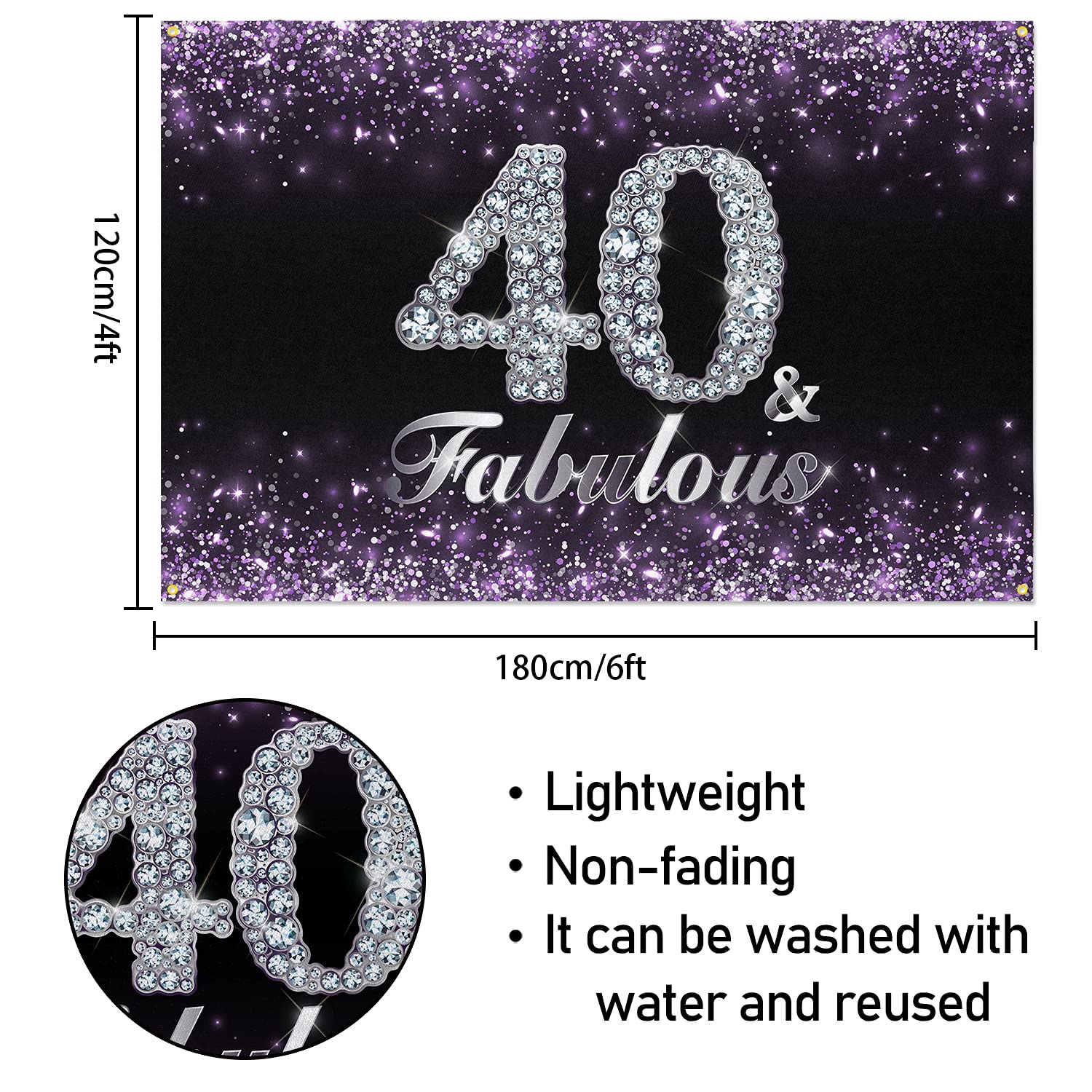 Hamigar 6X4Ft Happy 40Th Birthday Banner Backdrop - 40 & Fabulous Birthday Decorations Party Supplies For Women - Purple