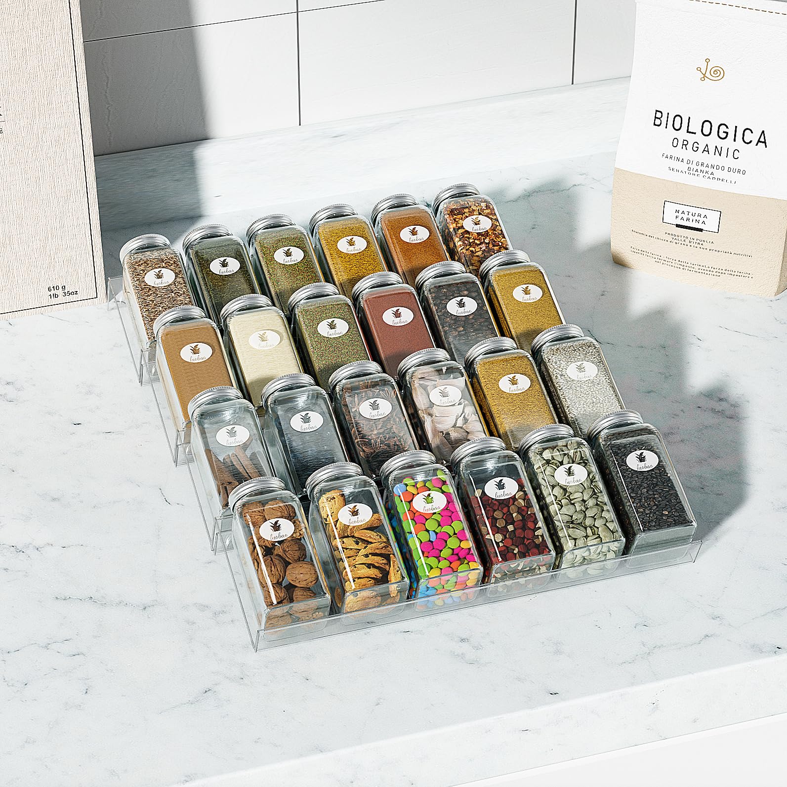 Feeling Mall Spice Drawer Organizer, With Cabinet Countertop 4Tier Clear Acrylic Riser Display Stand, Adjustable Spice Tray For