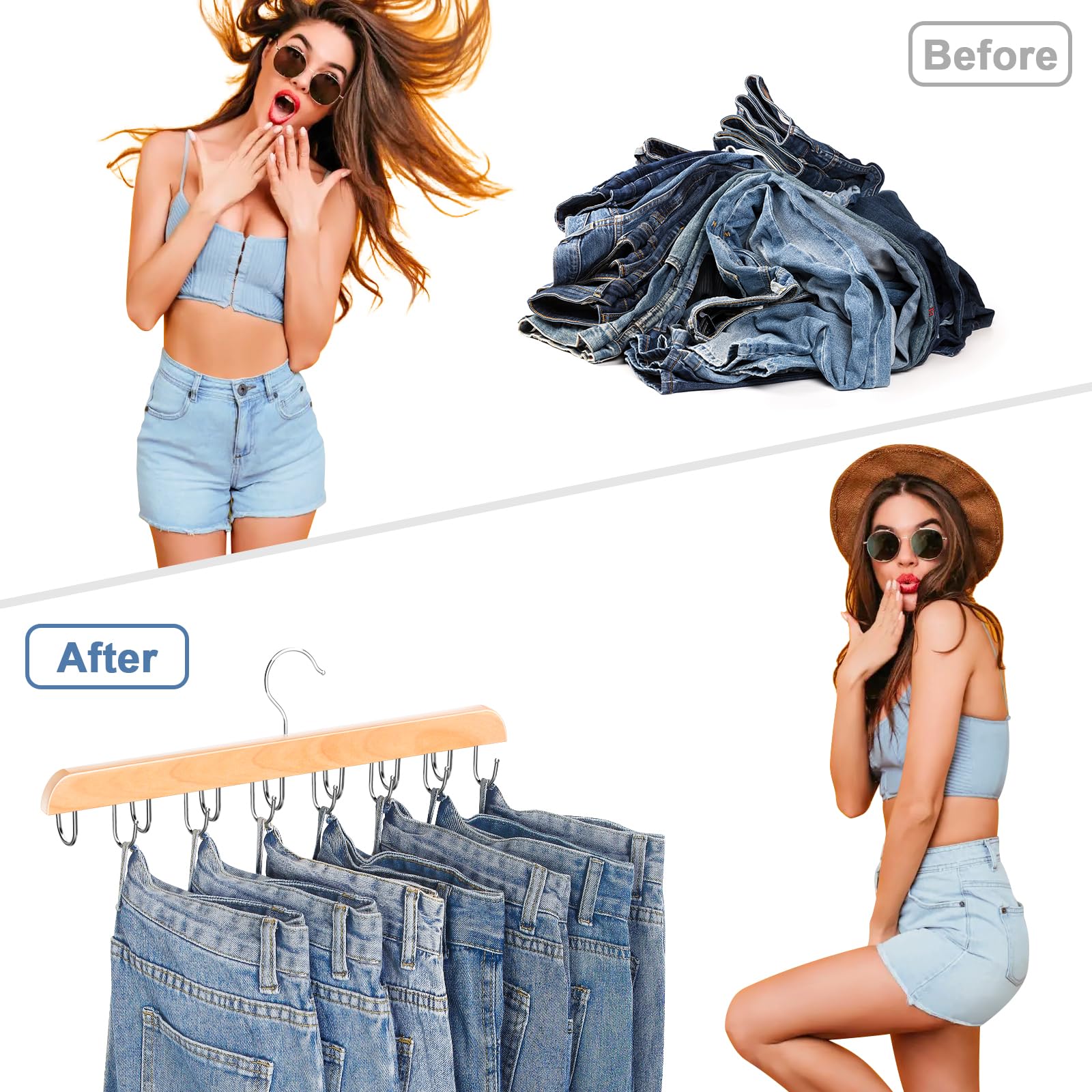 Jean Hangers For Closet, 14 Wood Jeans Hooks Space Saving, 180 Rotating Jean Hangers Holder For Jeans/Skirts/Shorts/Belts/Ties,