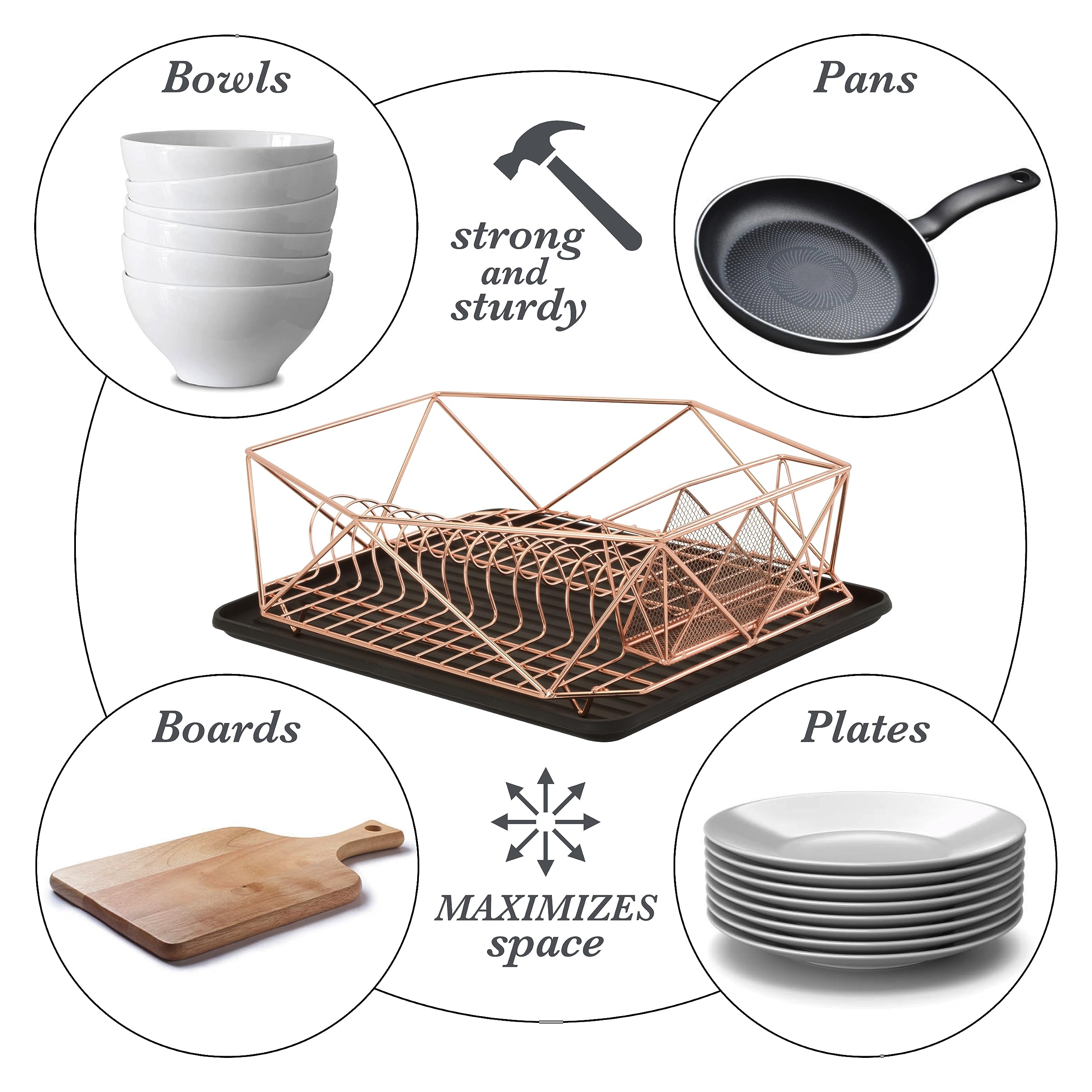 Kitchen Details Copper Dish Drying Rack with Drain Board, Cutlery Basket & Utensil Holder, Iron Frame, Model 23378-COPPER