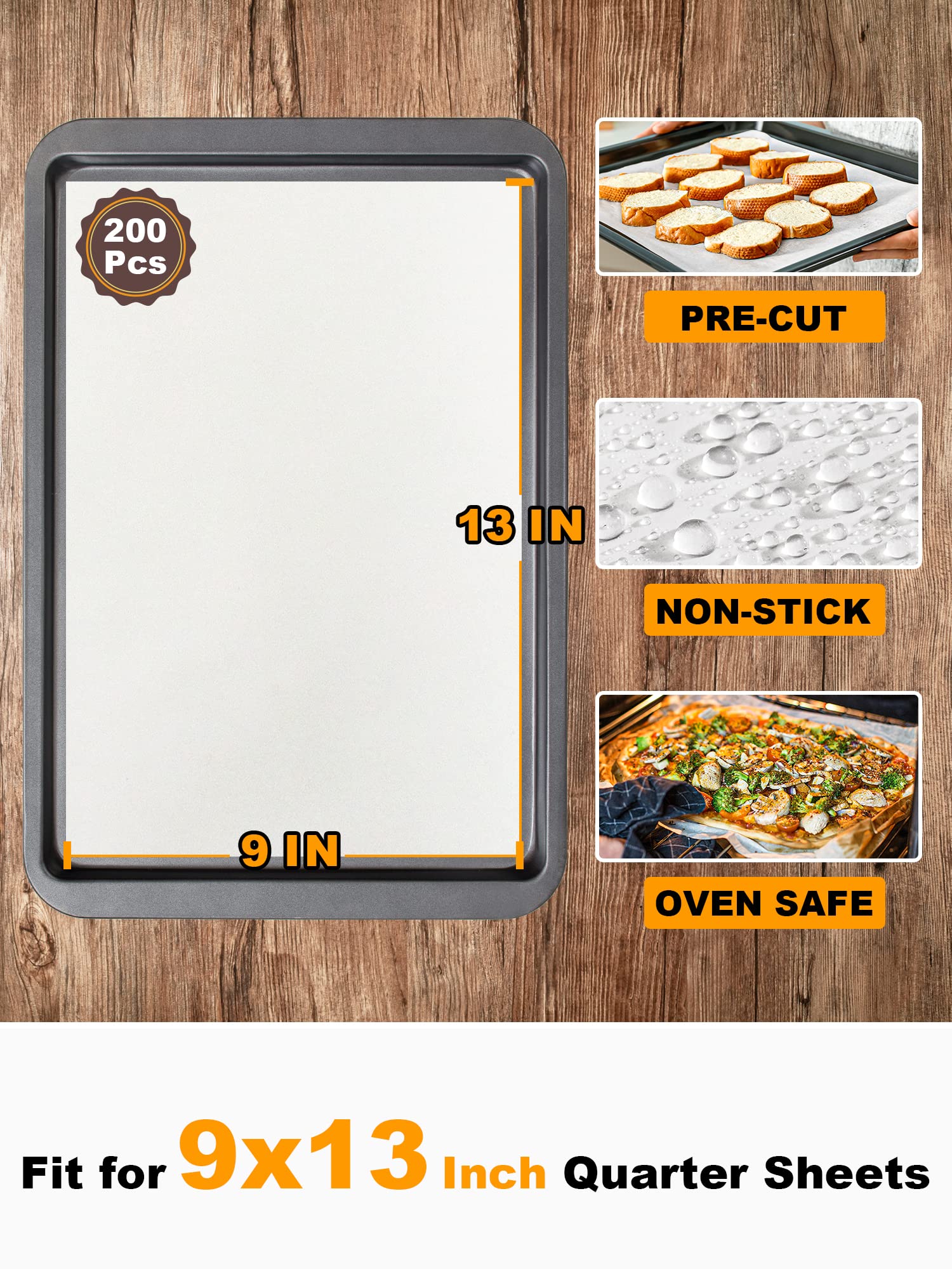 Smartake 200 Pcs Parchment Paper Baking Sheets, 9X13 Inch Non-Stick Precut Baking Parchment, Suitable For Baking Grilling Air Fr