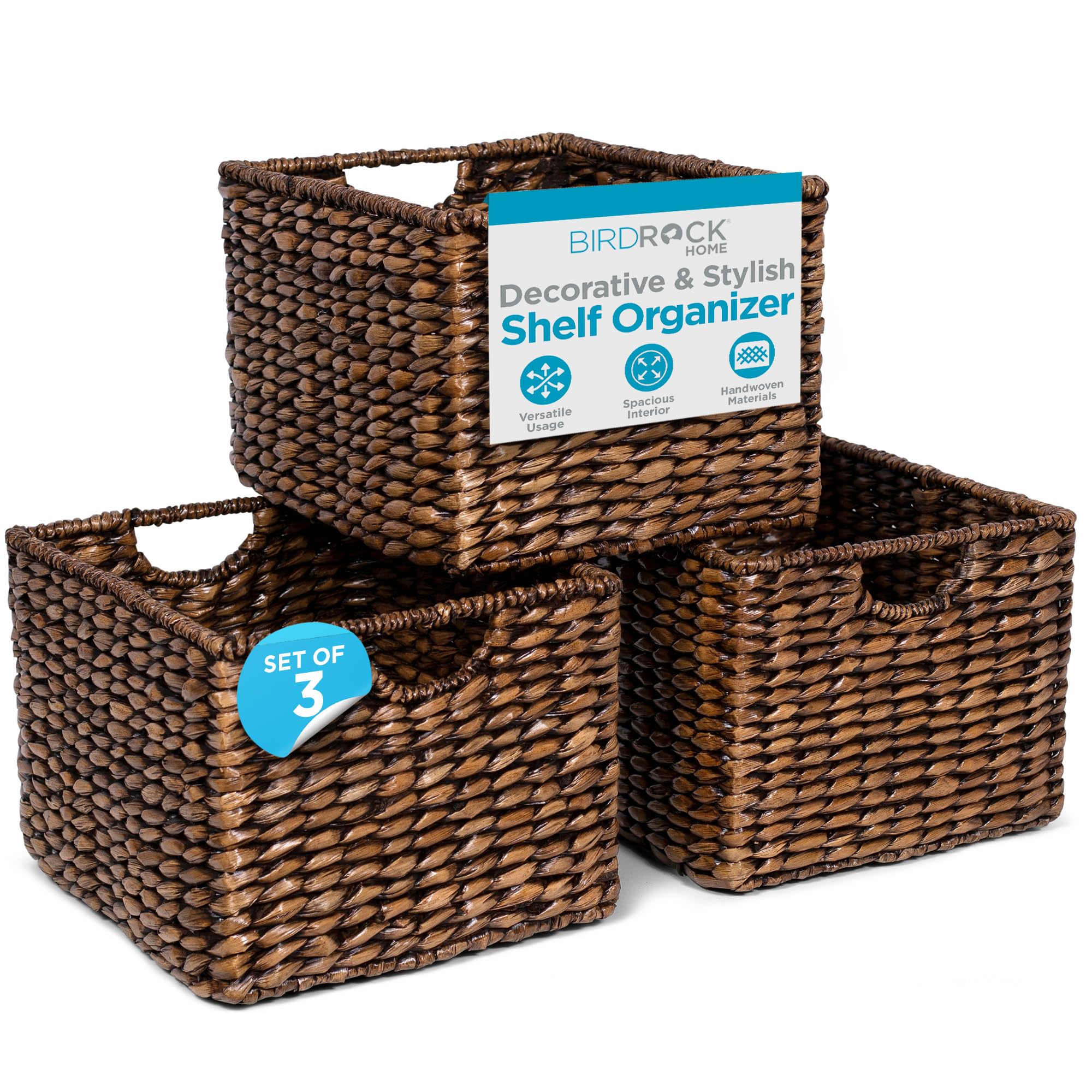 Birdrock Home Storage Shelf Organizer Baskets With Handles - Handwoven Abaca Seagrass Wicker Basket For Pantry, Living Room, Off