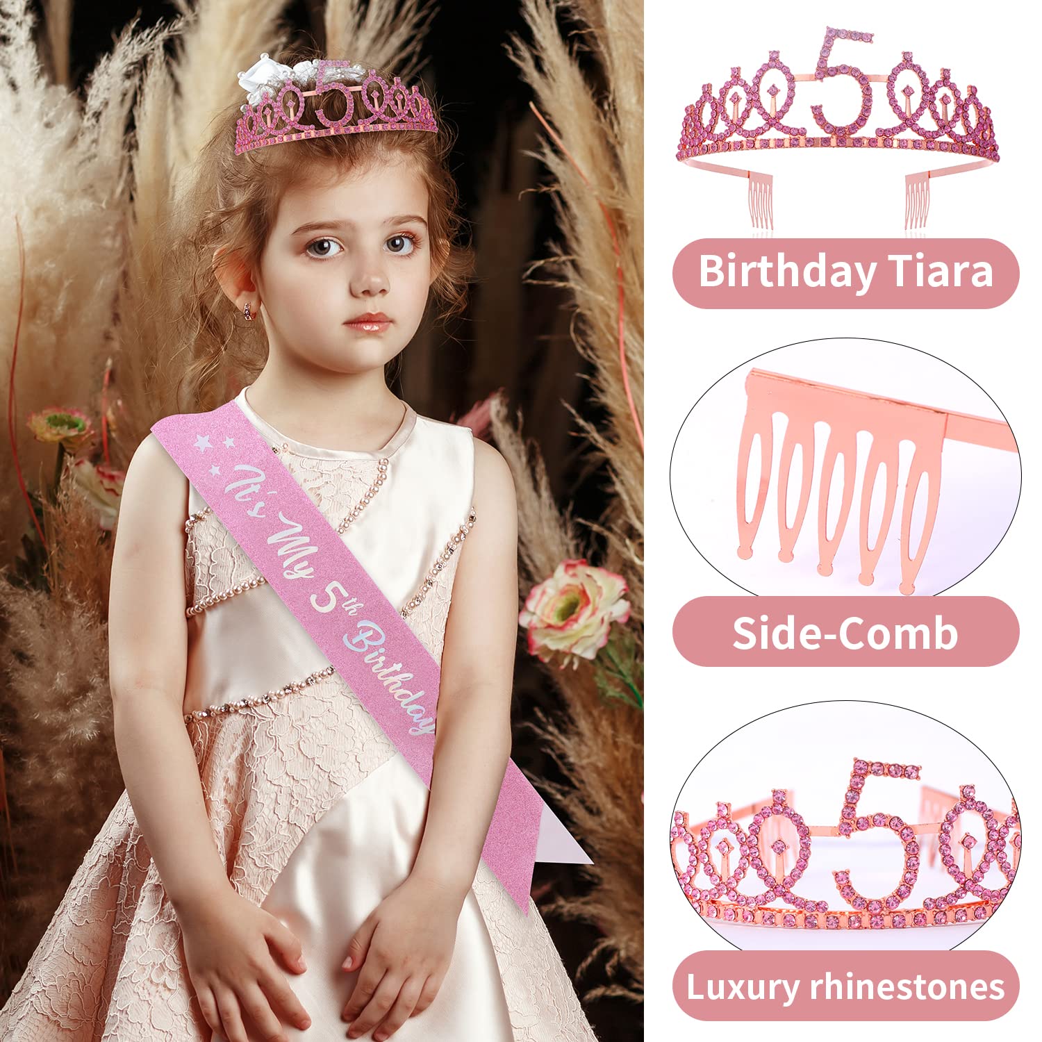 5Th Birthday Candle Sash And Tiara,It'S My 5Th Birthday Sash Rhinestone Crown Happy Birthday Cake Topper Balloon For Girls 5Th B