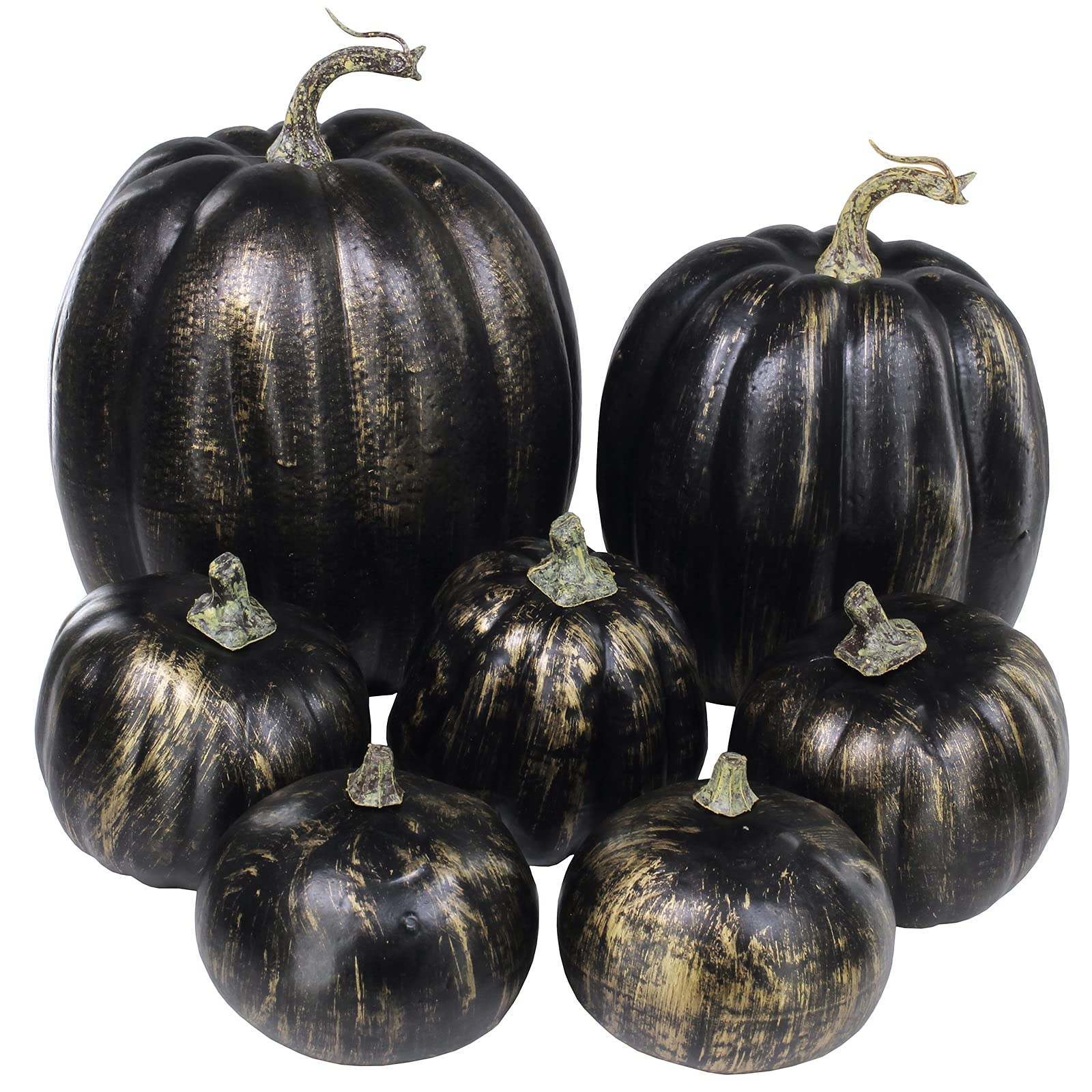 Winlyn 7 Pcs Assorted Artificial Gold Brush Black Pumpkins Rustic Decorative Halloween Faux Foam Pumpkins for Fall Halloween Tha