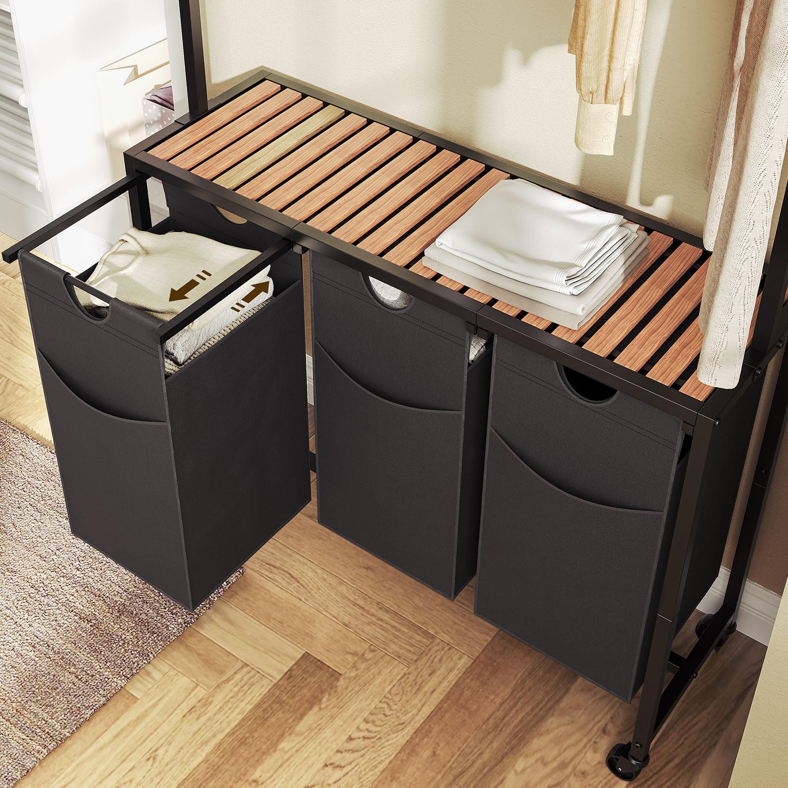 Yatiney Laundry Sorter, Laundry Hamper With Hanging Rack, Laundry Sorter 3 Section, Laundry Basket With Wheels, Hampers For Laun