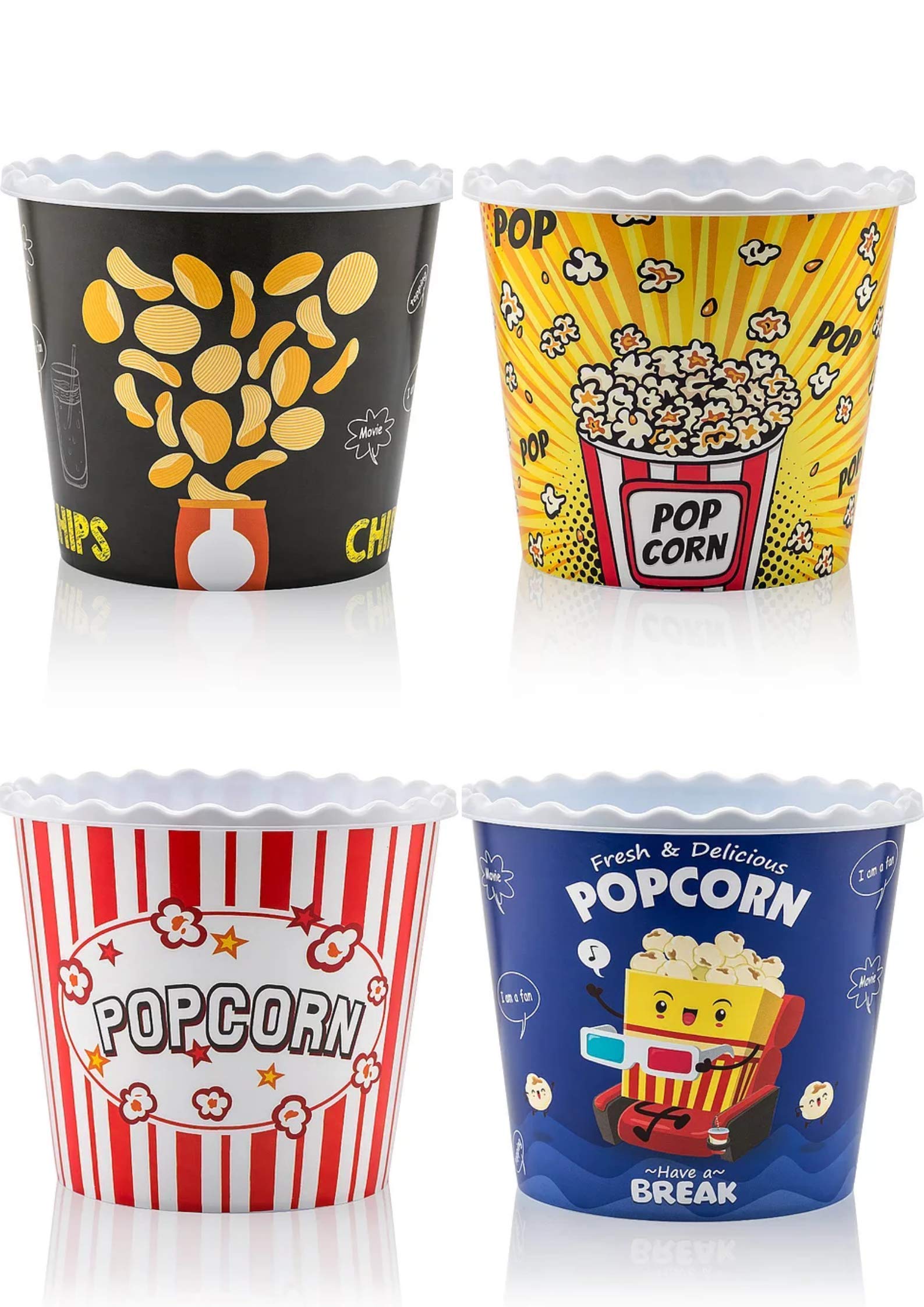 Modern Style Reusable Plastic Popcorn Containers / Popcorn Bowls Set For Movie Theater Night - Washable In The Dishwasher - (Bpa
