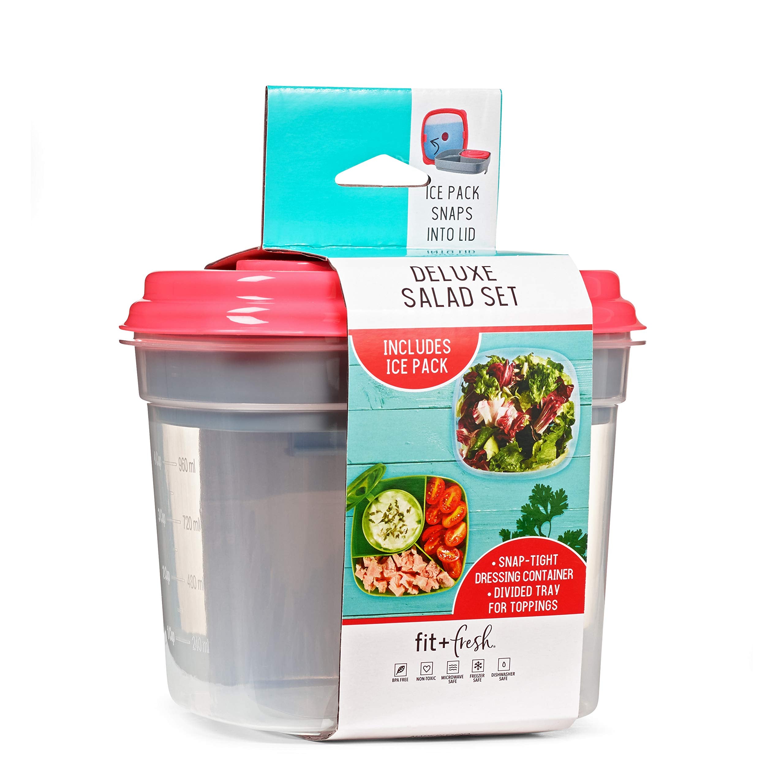 Fit & Fresh Salad Container For Lunch, Salad Lunch Container For Adults, Salad Bowl Kit With Compartments For Salad Dressing & T