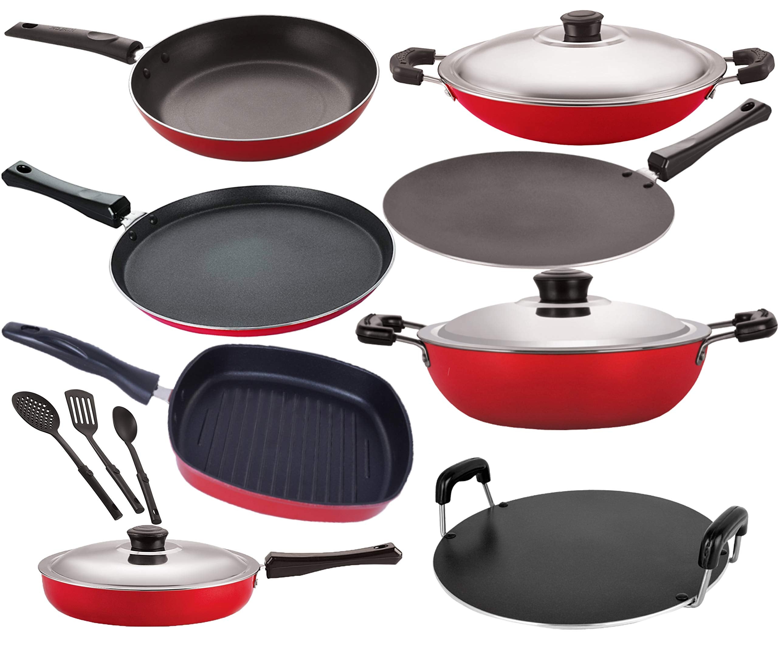 Nirlon Non Stick Aluminium Cookware Essential Gift Set Of11 Pieces With Bakelite Handle (Ft12_Ct12_Fp12_Dkd(M)_Ac_Tp22_Rt_Gp22_3