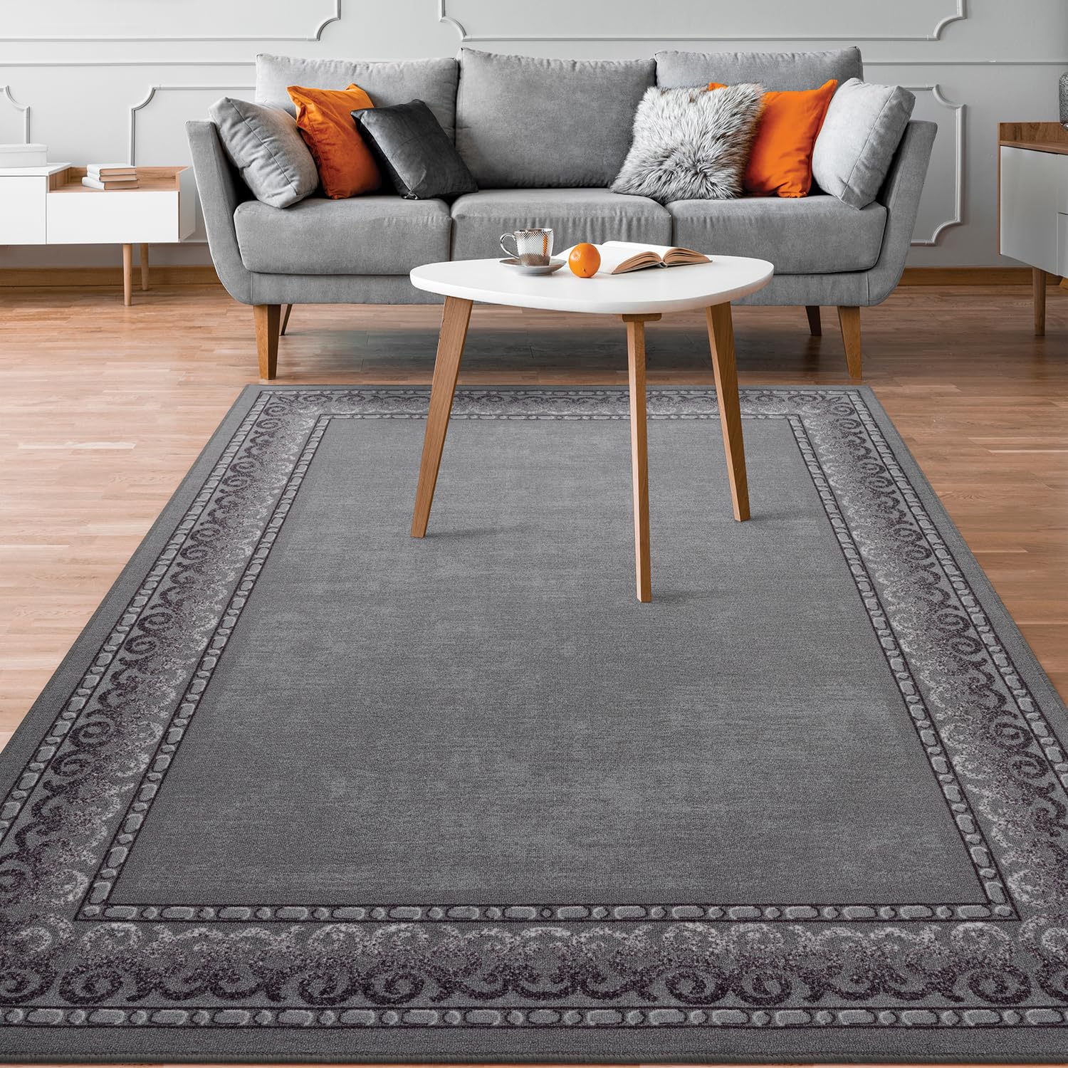 Antep Rugs Alfombras Bordered Modern 8x10 Non-Slip (Non-Skid) Low Pile Rubber Backing Indoor Area Rug (Gray, 710 x 10)