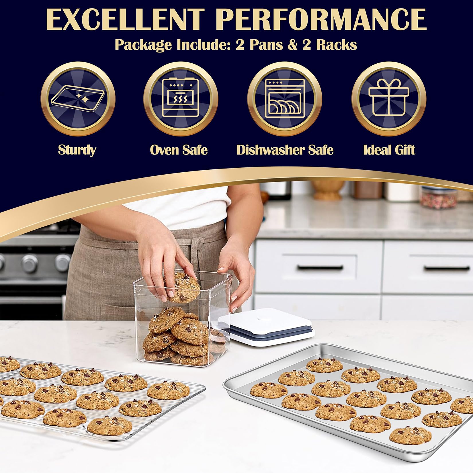 4Pcs Baking Sheet With Rack Set (16 Inch), Joyfair Stainless Steel Oven Baking Pan Tray & Cooling Racks For Cookie/Jelly Roll/Ba