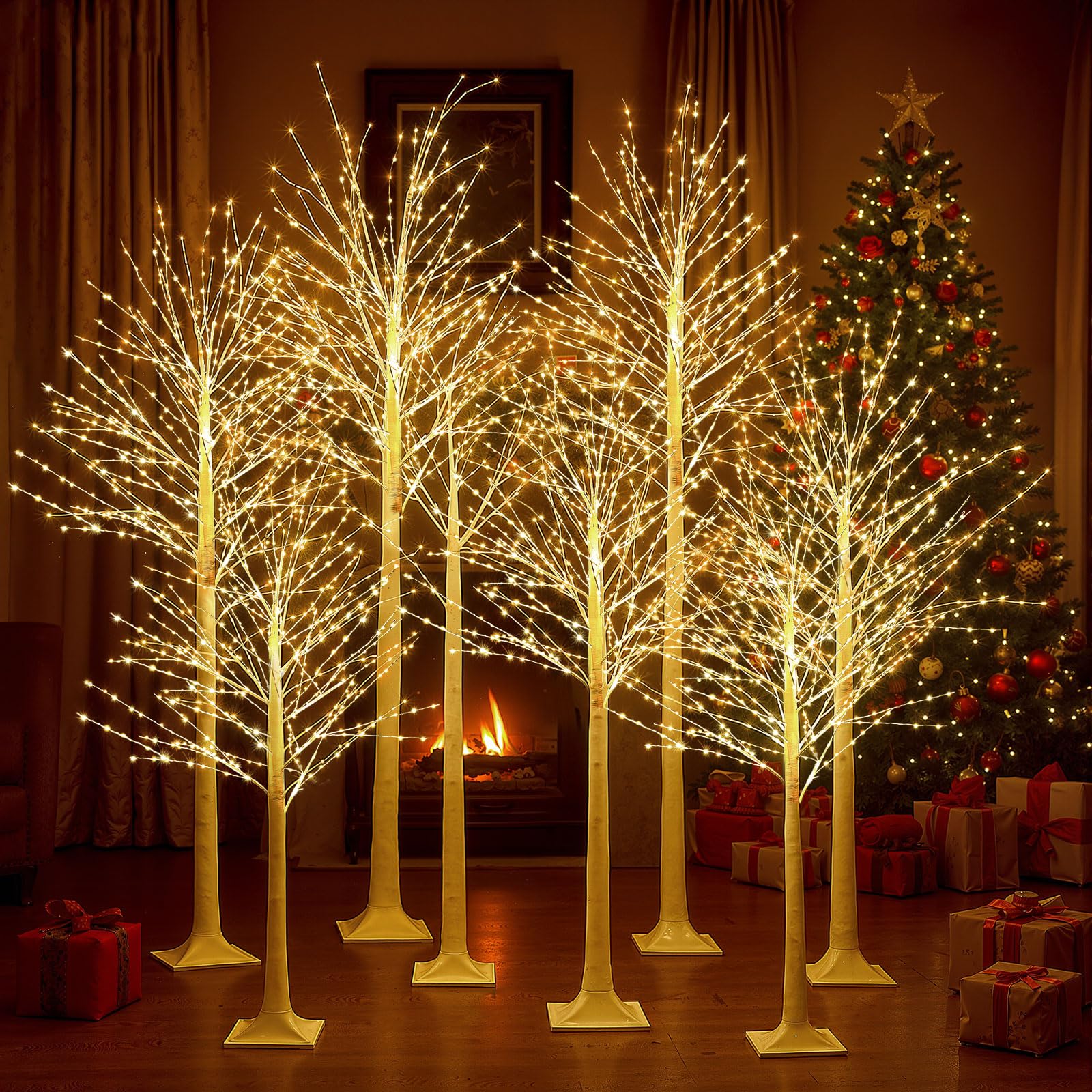 Baquler 8 Pack Lighted Birch Tree - 4 5 6 8 Large Christmas Warm-White LED 8 Mode Light Birch Tree Decoration Set for Thanks