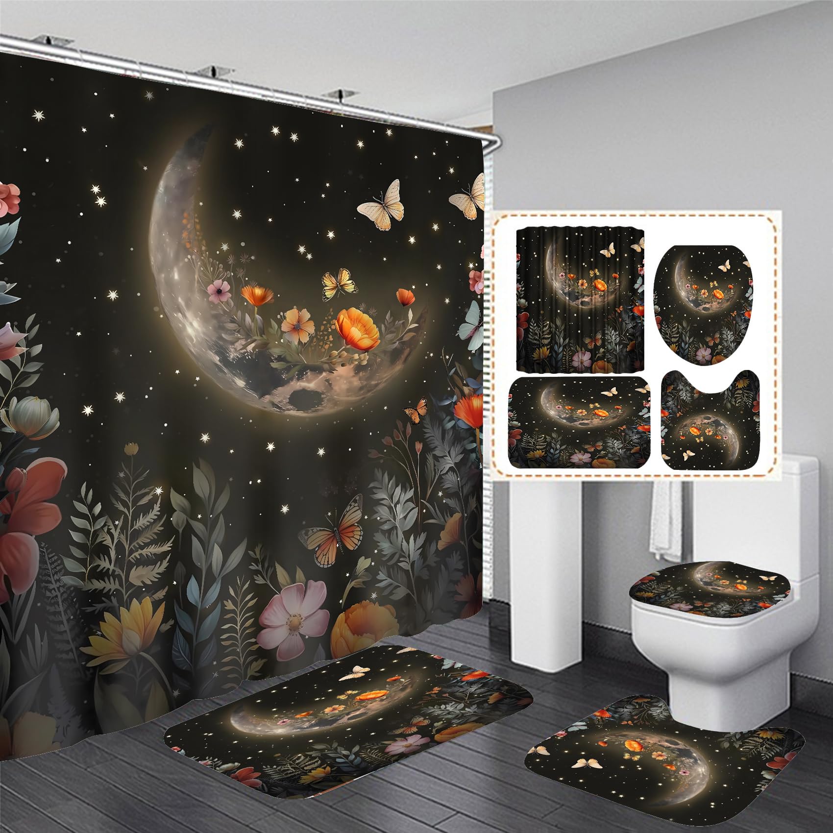 Xswpl Shower Curtain Set 4 Pcs Black Moon Bathroom Sets With Shower Curtain And Rugs Bathroom Decor Set Black Shower Curtain Wit