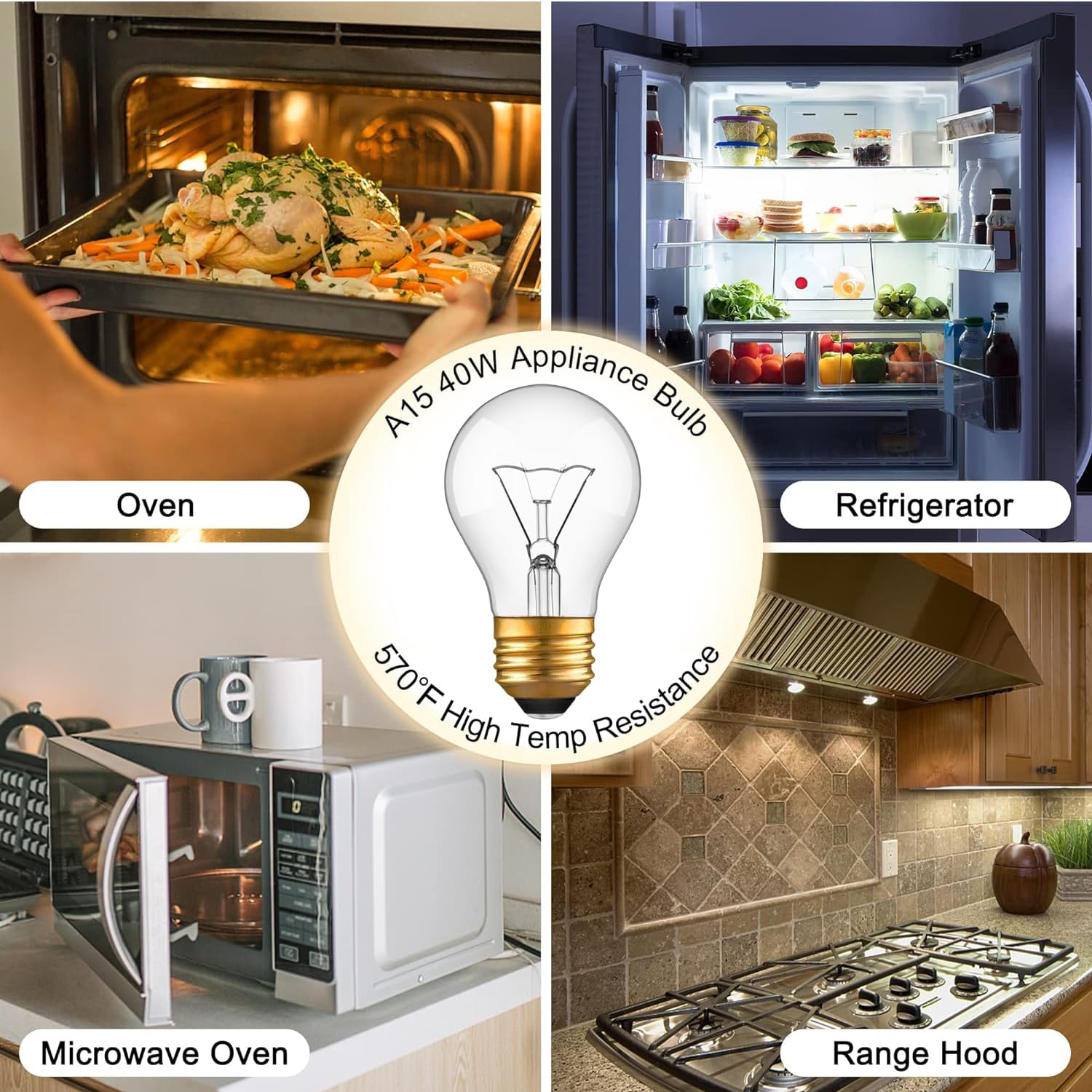 Appliance Oven Light Bulb, High Temp 300 C Resistant,(2 Pack) A15/E26/120V/40 Watt Appliance Replacement Bulb For Refrigerator O