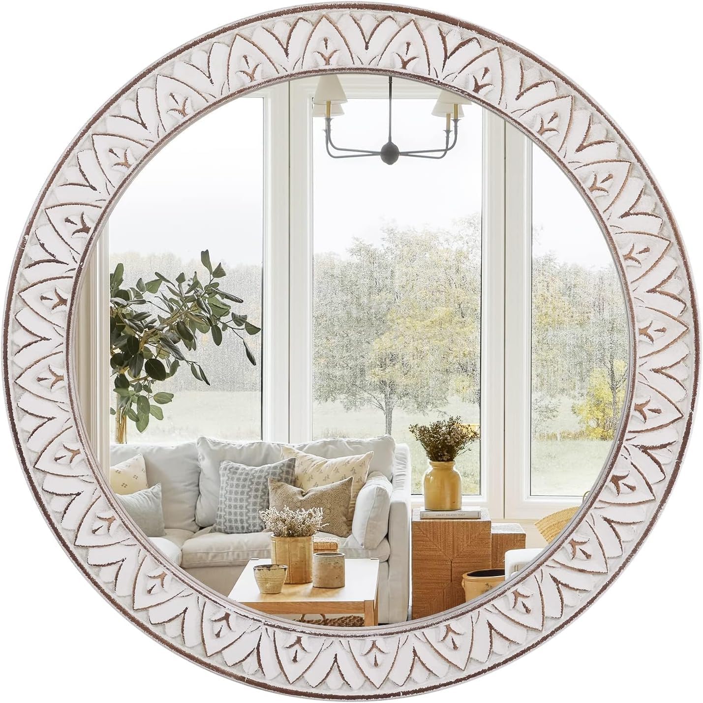 fuxuiwy 20 Round Rustic Mirror Wooden Frame Circle Mirrors, Distressed Wall Mounted Mirror for Bathroom, Bedroom, Living Room, E
