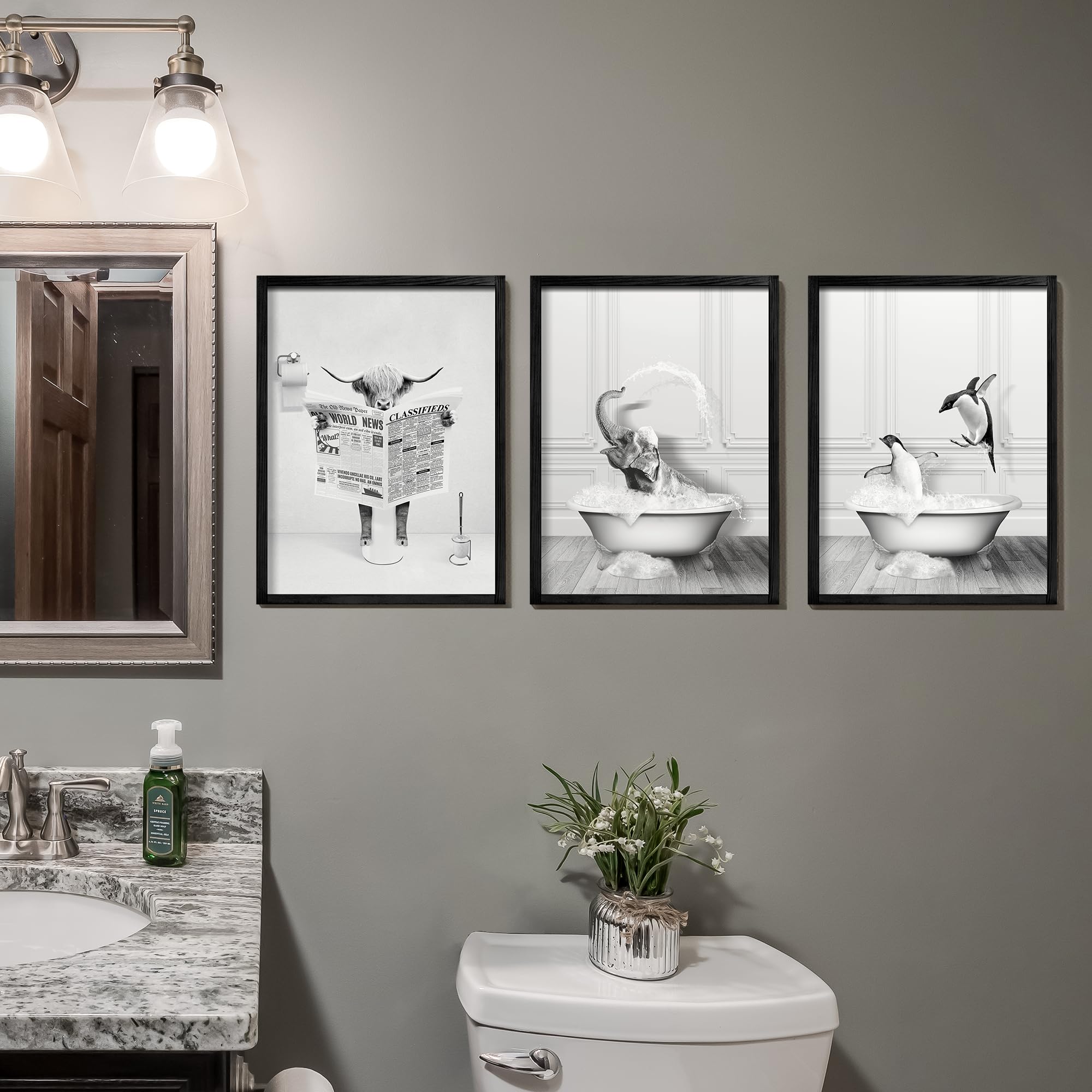 Heiple Framed Bathroom Wall Art Set Of 3 Funny Animals - Penguin, Cow, Elephant - Farmhouse Style - Black, 11''X14''