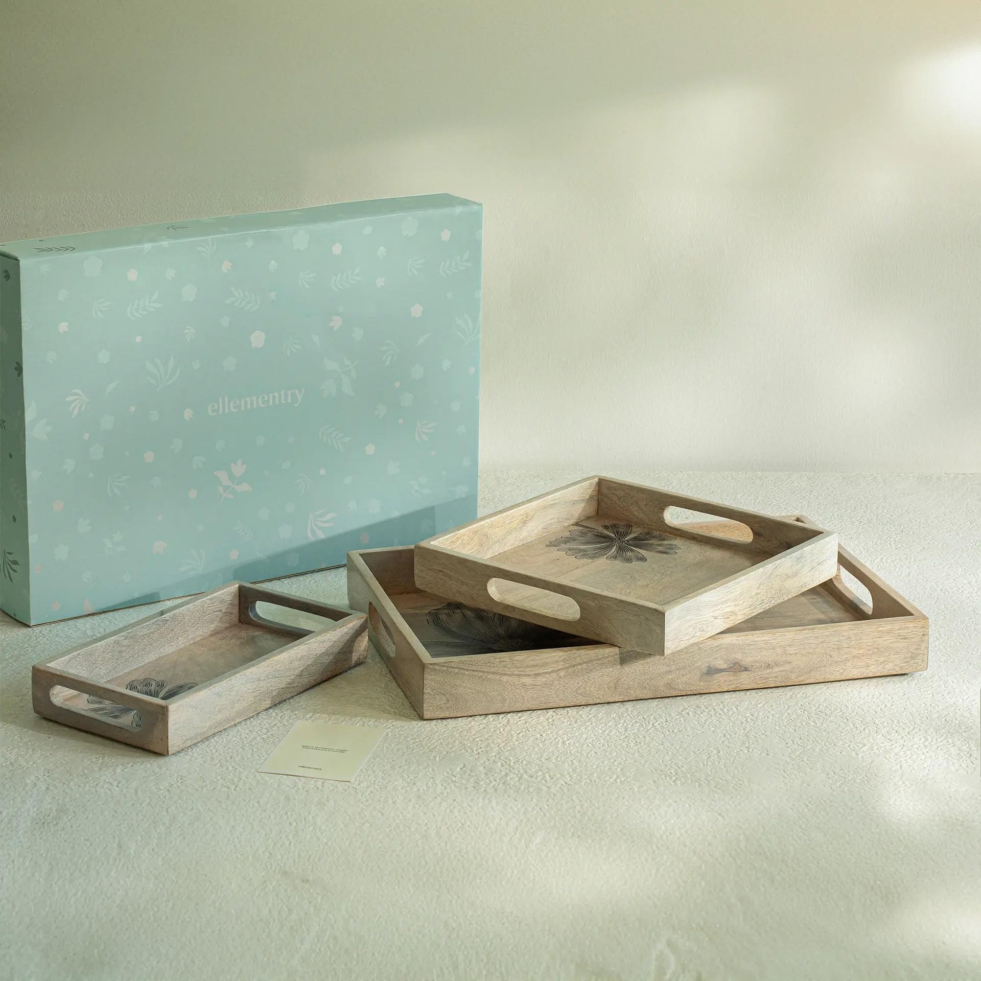 Ellementry Cottage Wooden Tray Set Of 3 For Serving And Organizing, Wooden Platter For Kitchen, Coffee Table & Dining Room Table