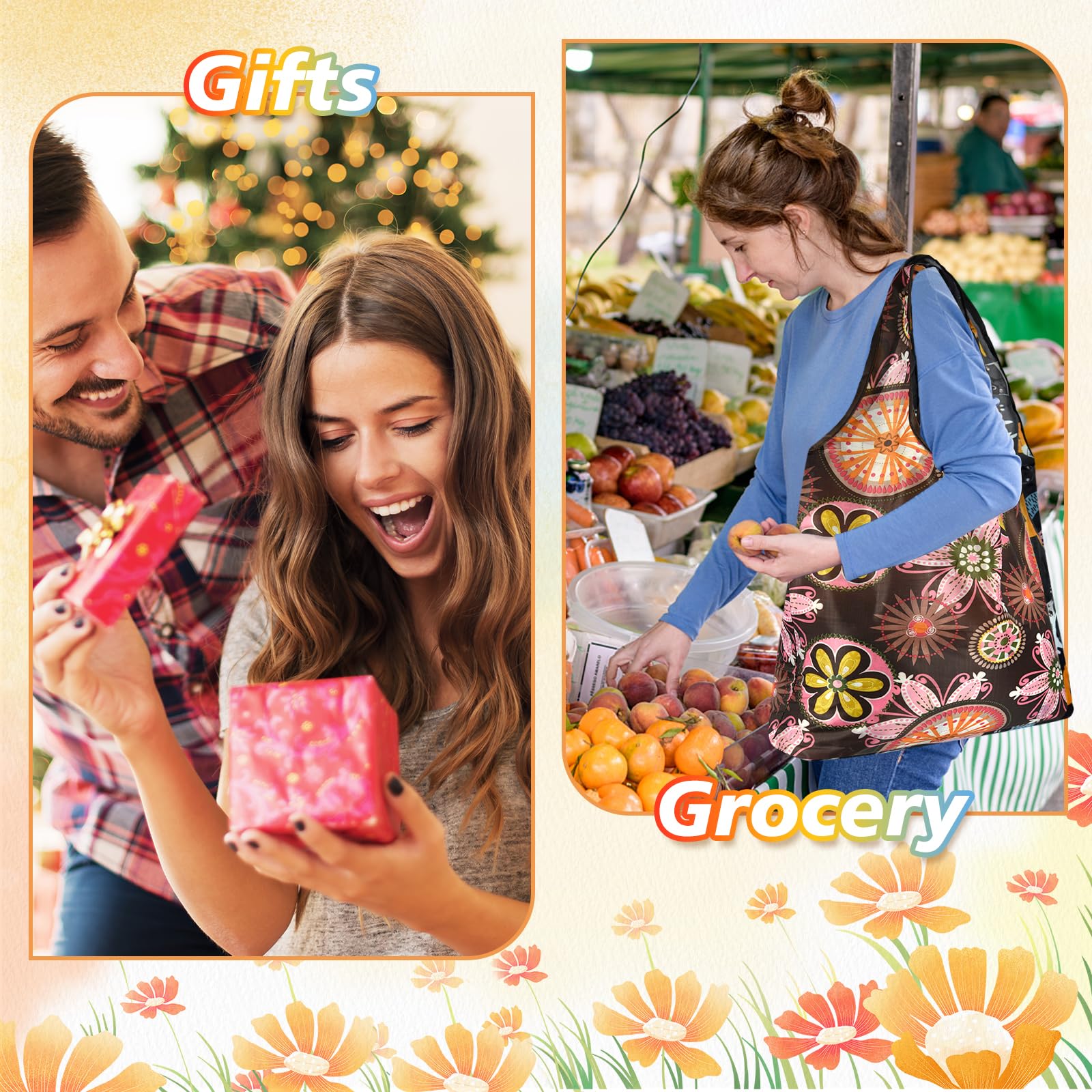Miahart Reusable Grocery Bags Foldable Groceries Shopping Bags Foldable Cute Tote Bags Fashion Bags Waterproof Nylon Grocery Bag