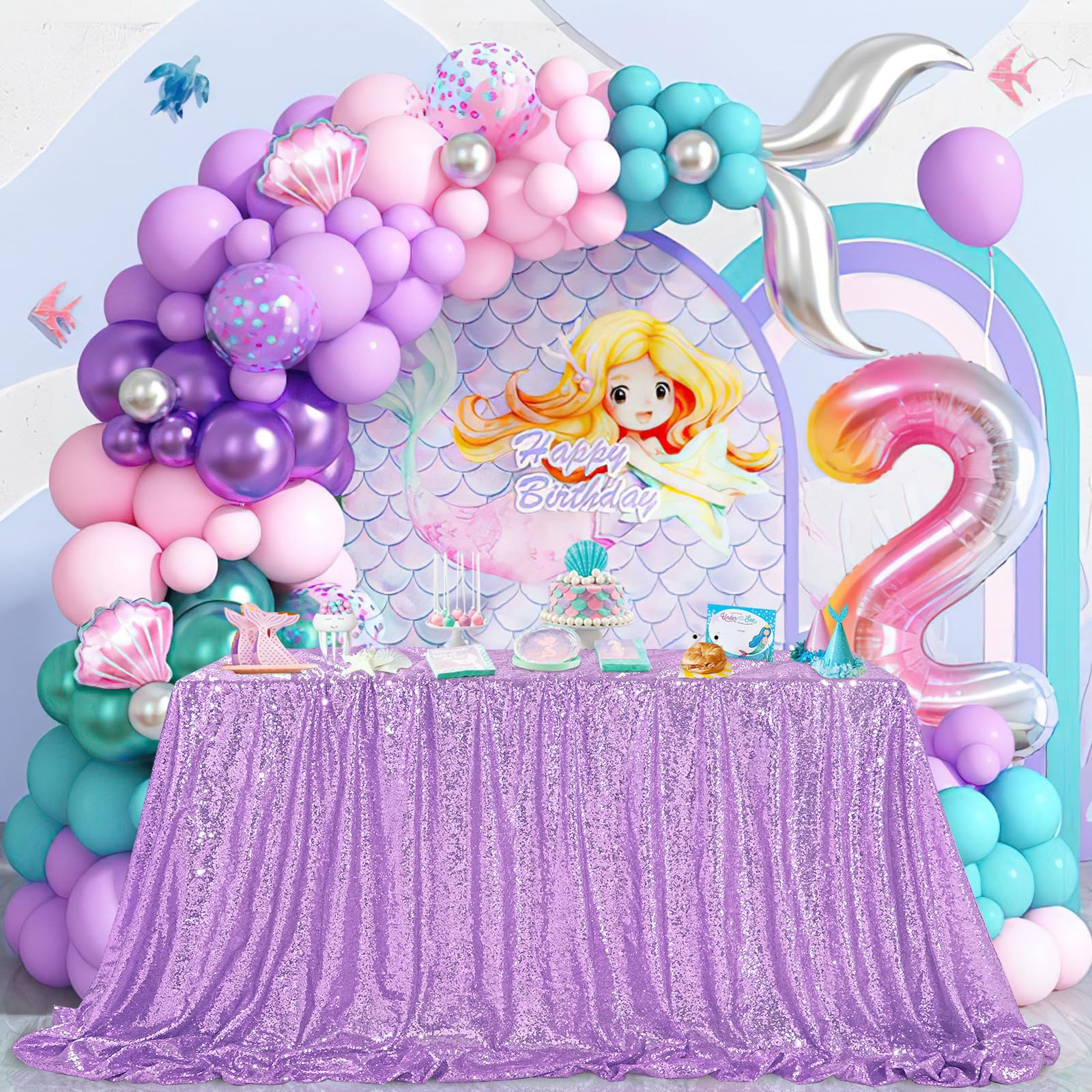 Queendream Lilac Sequin Tablecloth 60X102 Mermaid Tablecloth Lavender Glitter Tablecloth For Wedding Birthday Baby Shower Me