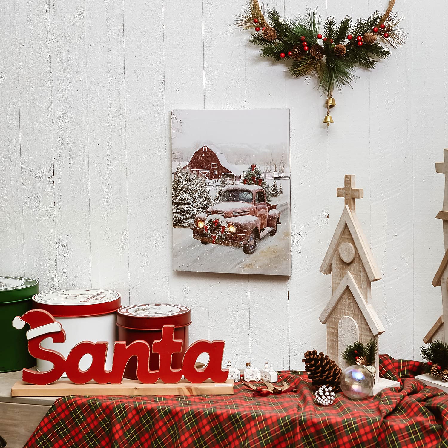 NIKKY HOME 16'' x 12'' Christmas LED Lighted Canvas Wall Art Prints Light Up Red Truck Barn House and Christmas Tree Picture Winter Snow Scene for Holiday Decor