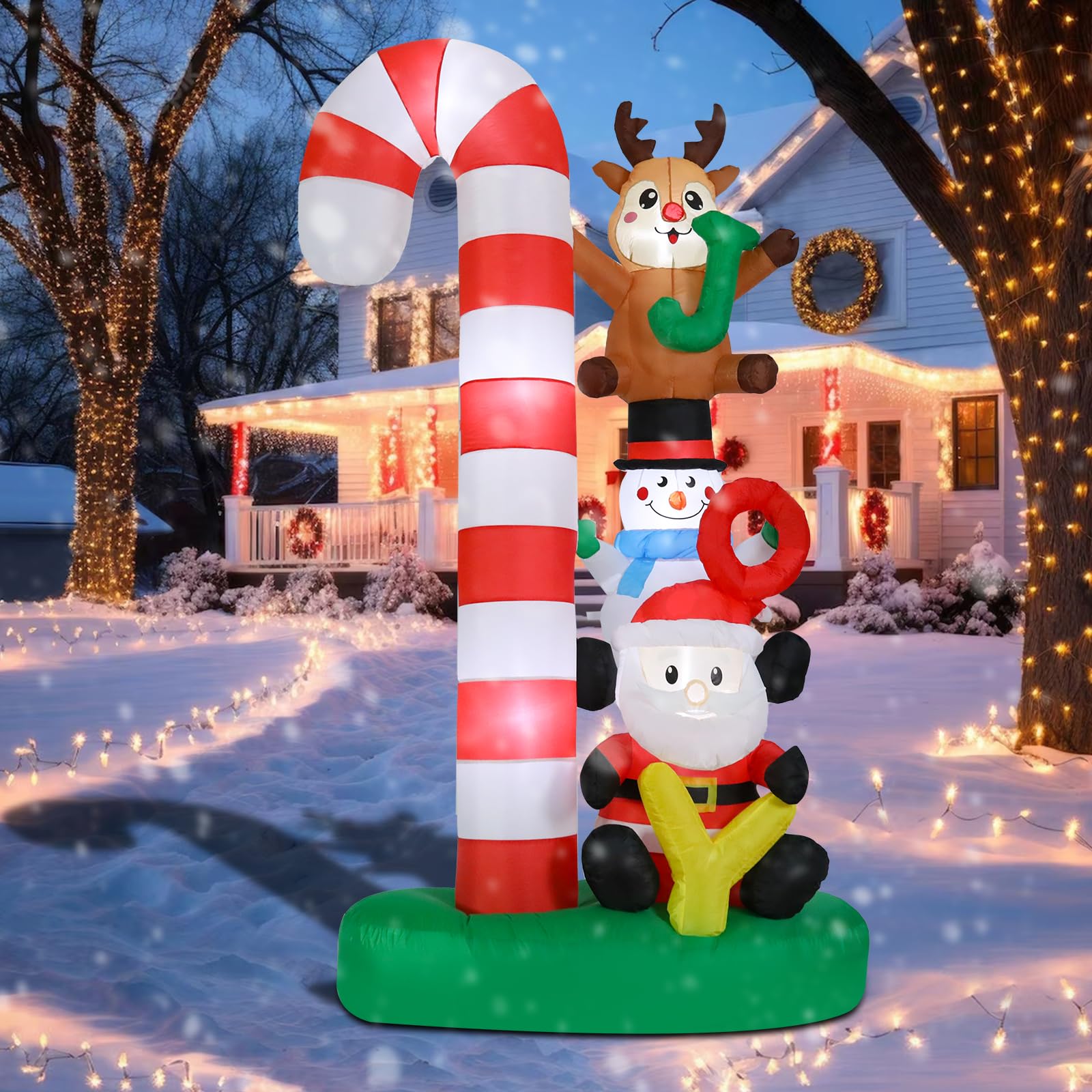Risenor 7.8 FT Height Christmas Inflatables Candy Cane with Santa Snowman Reindeer Outdoor Decorations, Inflatables Christmas Bl