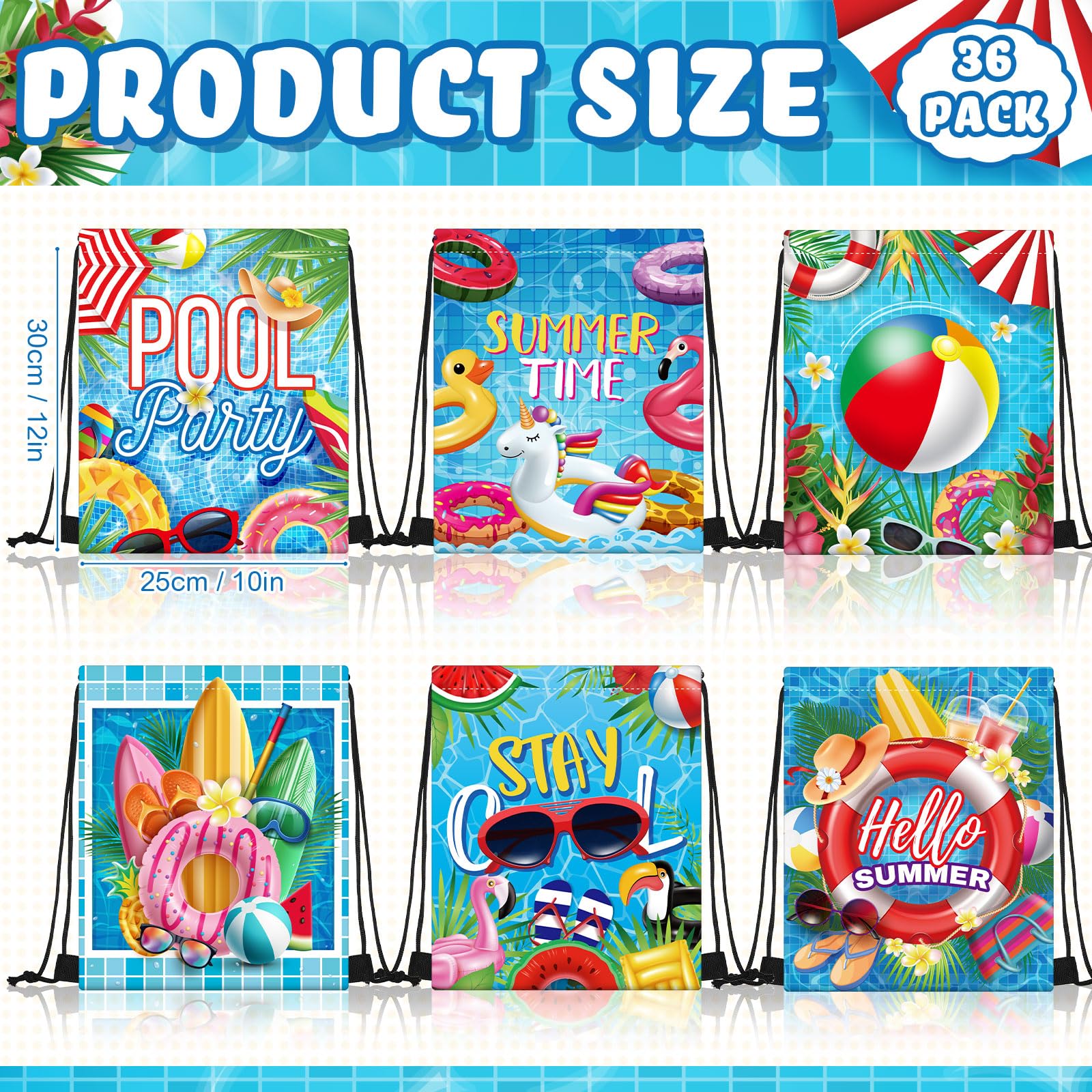 Kacctyen Pool Beach Drawstring Bags Summer Drawstring Backpack Beach Ball String Birthday Bag Pool Party Decoration(36 Pcs)