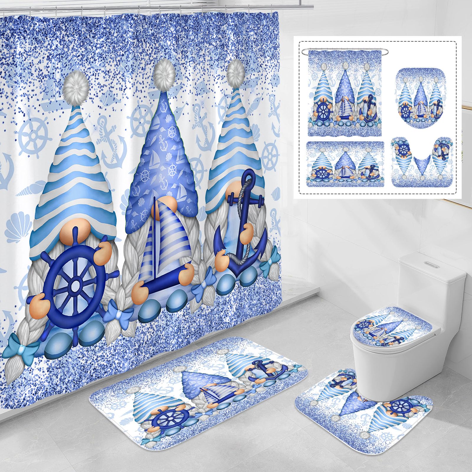 Litabel 4 Pcs Winter Gnomes Shower Curtain Set With Non-Slip Rugs, Toilet Lid Cover And Bath Mat, Nautical Marine Bathroom Decor