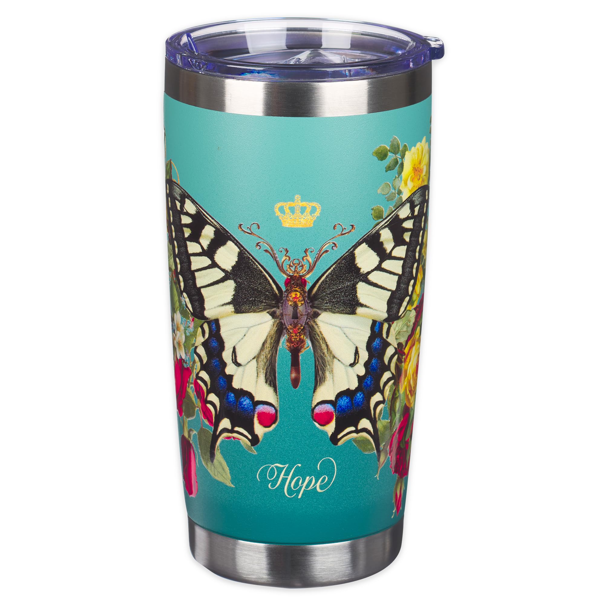 Christian Art Gifts Stainless Steel Double Wall Vacuum Insulated Tumbler 18 Oz Butterfly Teal Bpa-Free Travel Mug With Retractab